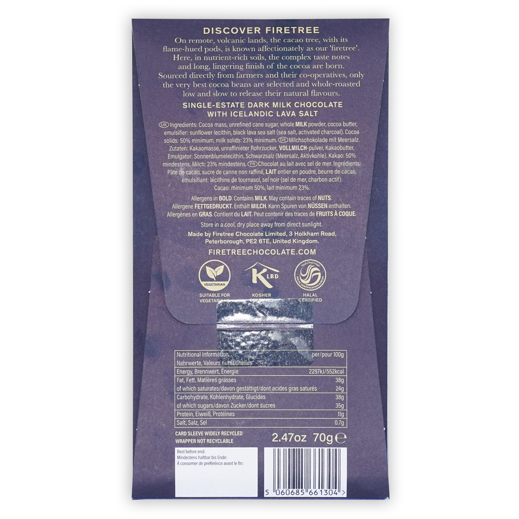 Back of dark purple Firetree Dark Milk Lava Salt 50% packaging showing ingredients, nutrition facts, and a barcode.