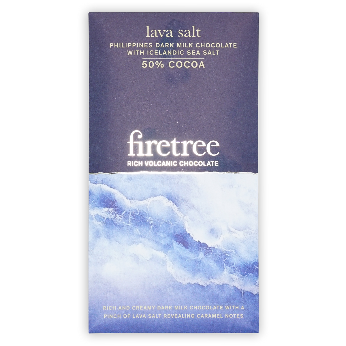 A box of Firetree lava salt 50% cocoa dark milk chocolate with a dark blue top and a blue wave pattern below.