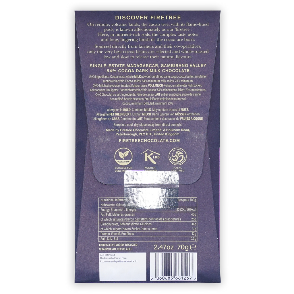 Back of a dark purple Firetree Dark Milk Madagascar 54% chocolate box showing printed ingredients and nutrition facts.