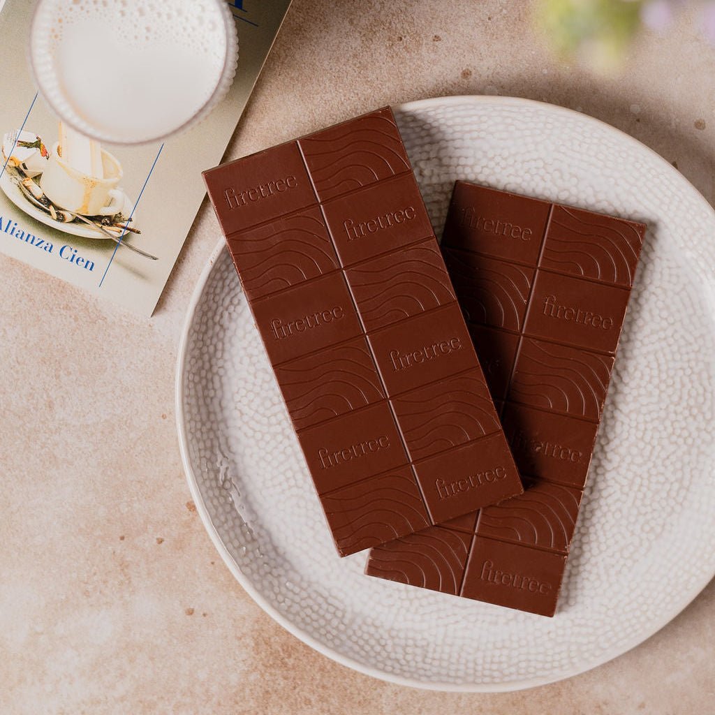 Two Firetree chocolate bars on a white plate next to a glass of milk and a book.