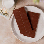 Two Firetree chocolate bars on a white plate next to a glass of milk and a book.