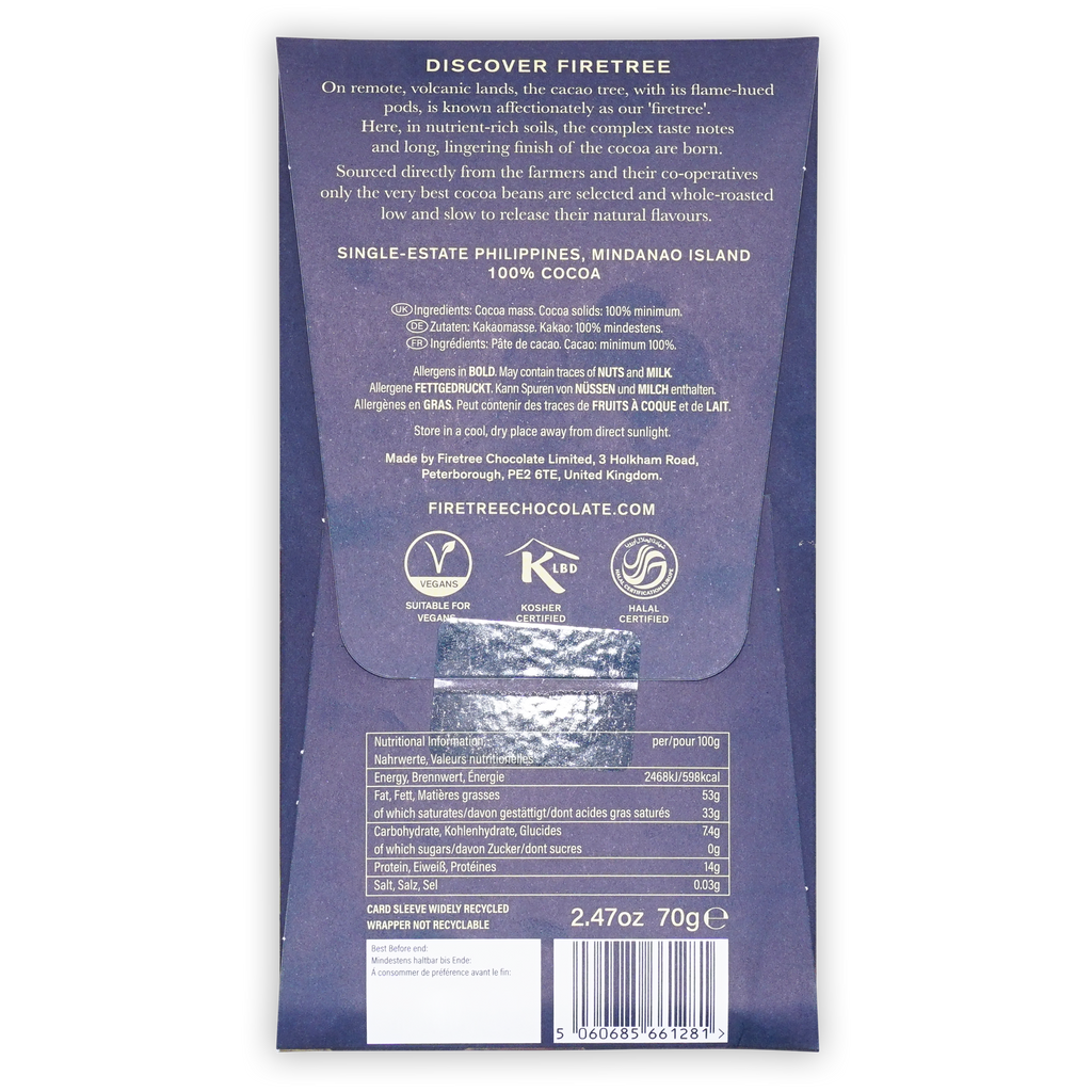 Back of dark blue Firetree Philippines Mindanao Island 100% Cocoa packaging showing nutrition facts and ingredients.