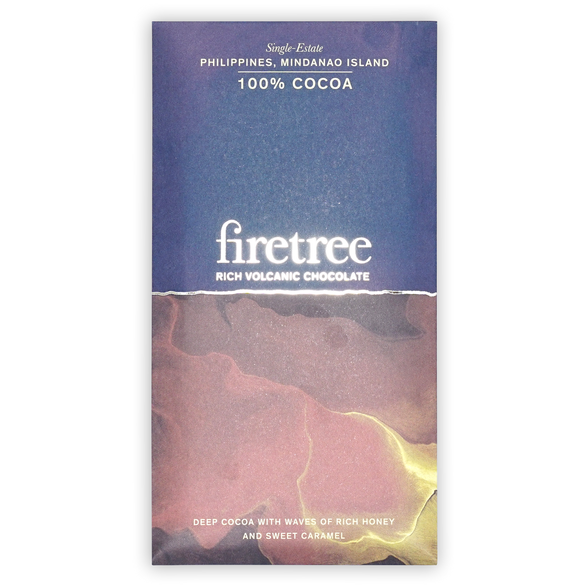 Firetree 100% Cocoa Philippines Mindanao Island chocolate bar wrapper with a blue top and abstract pink and gold swirls.