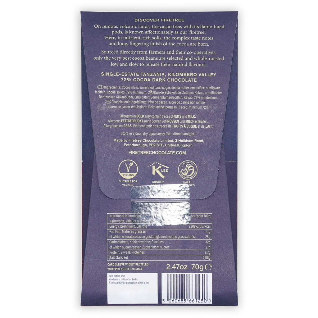 Back of a dark purple Firetree 72% Tanzania dark chocolate box showing ingredients, nutritional facts, and a barcode.