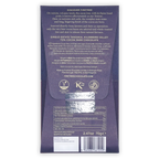 Back of a dark purple Firetree 72% Tanzania dark chocolate box showing ingredients, nutritional facts, and a barcode.