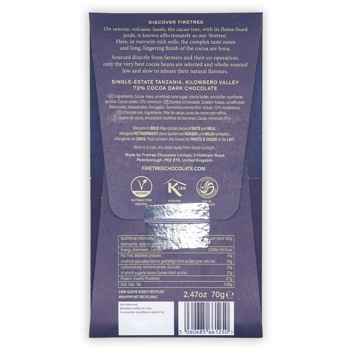 Back of a dark purple Firetree 72% Tanzania dark chocolate box showing ingredients, nutritional facts, and a barcode.