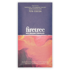 Firetree Tanzania Kilombero Valley 72% dark chocolate box. The top is dark blue, the bottom has pink and orange swirls.