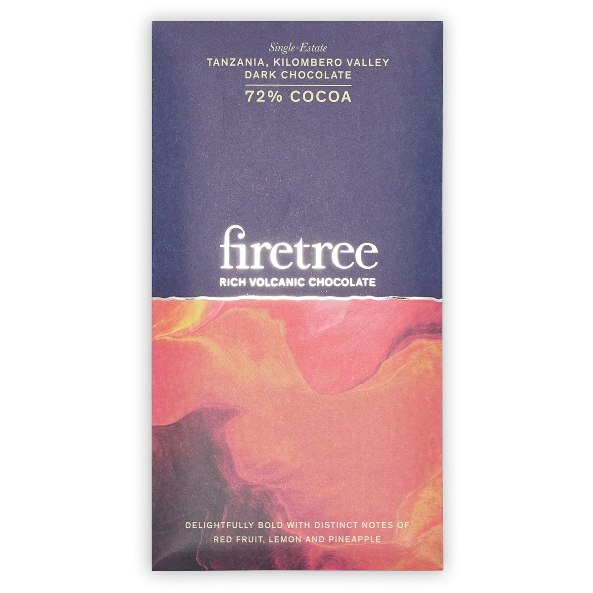 Firetree Tanzania Kilombero Valley 72% dark chocolate box. The top is dark blue, the bottom has pink and orange swirls.