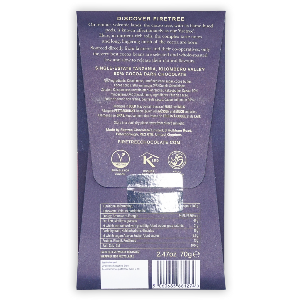 Back of a dark purple Firetree Tanzania Kilombero Valley 90% dark chocolate box with nutrition facts and a barcode.