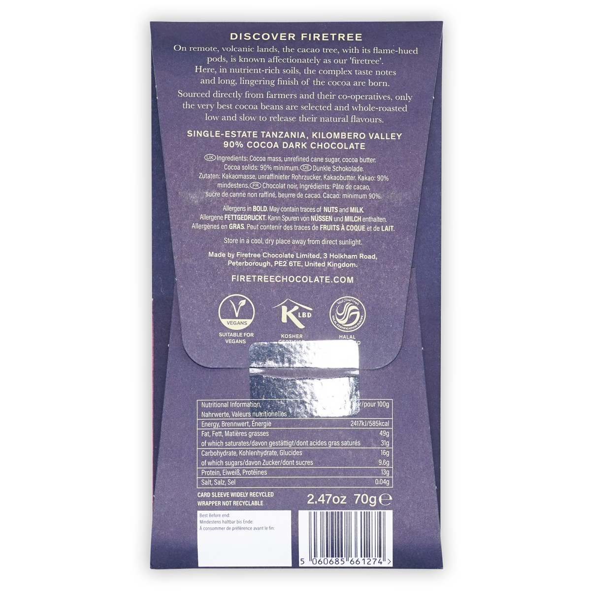 Back of a dark purple Firetree Tanzania Kilombero Valley 90% dark chocolate box with nutrition facts and a barcode.