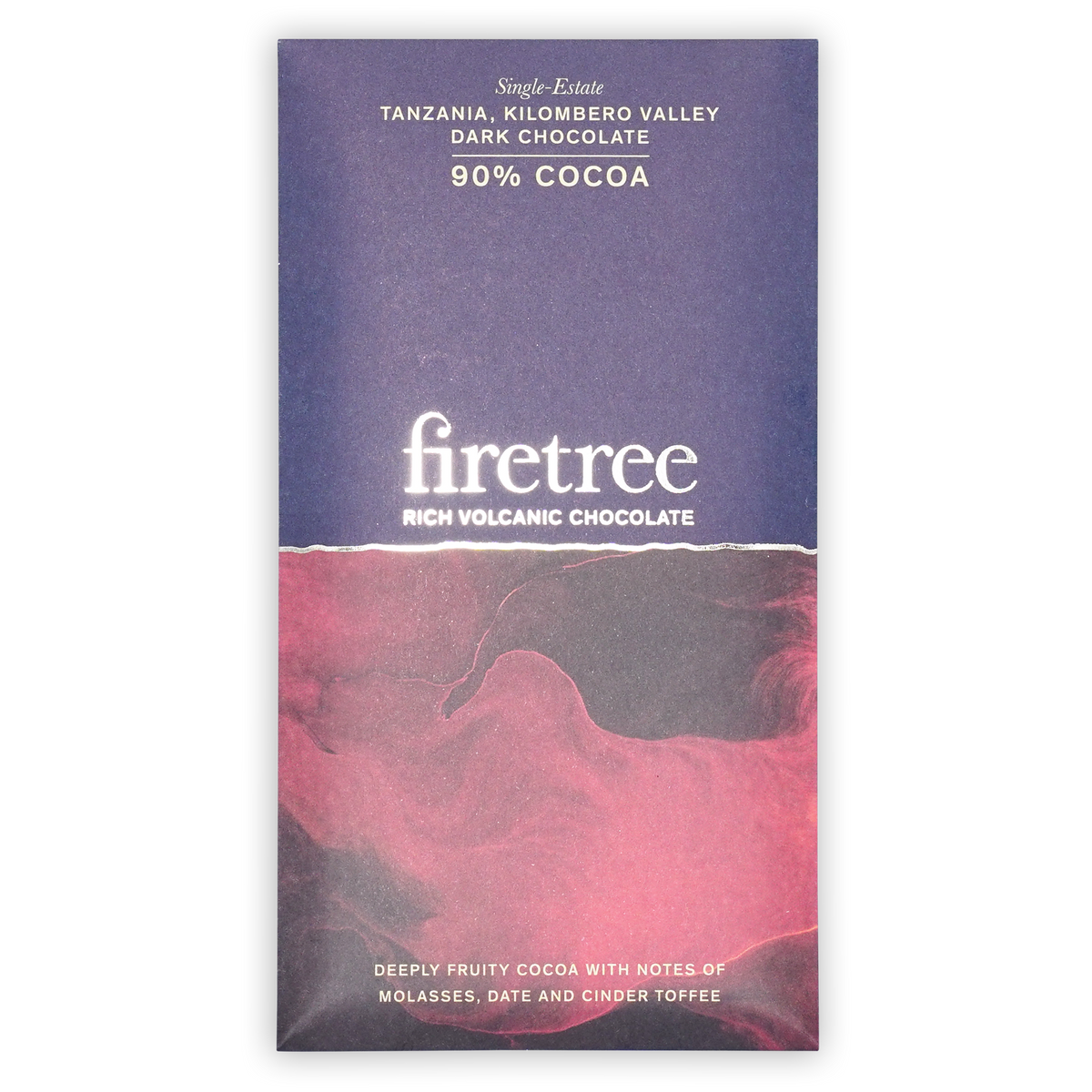 A purple and pink Firetree 90% cocoa dark chocolate bar wrapper reading Tanzania, Kilombero Valley on a black background.