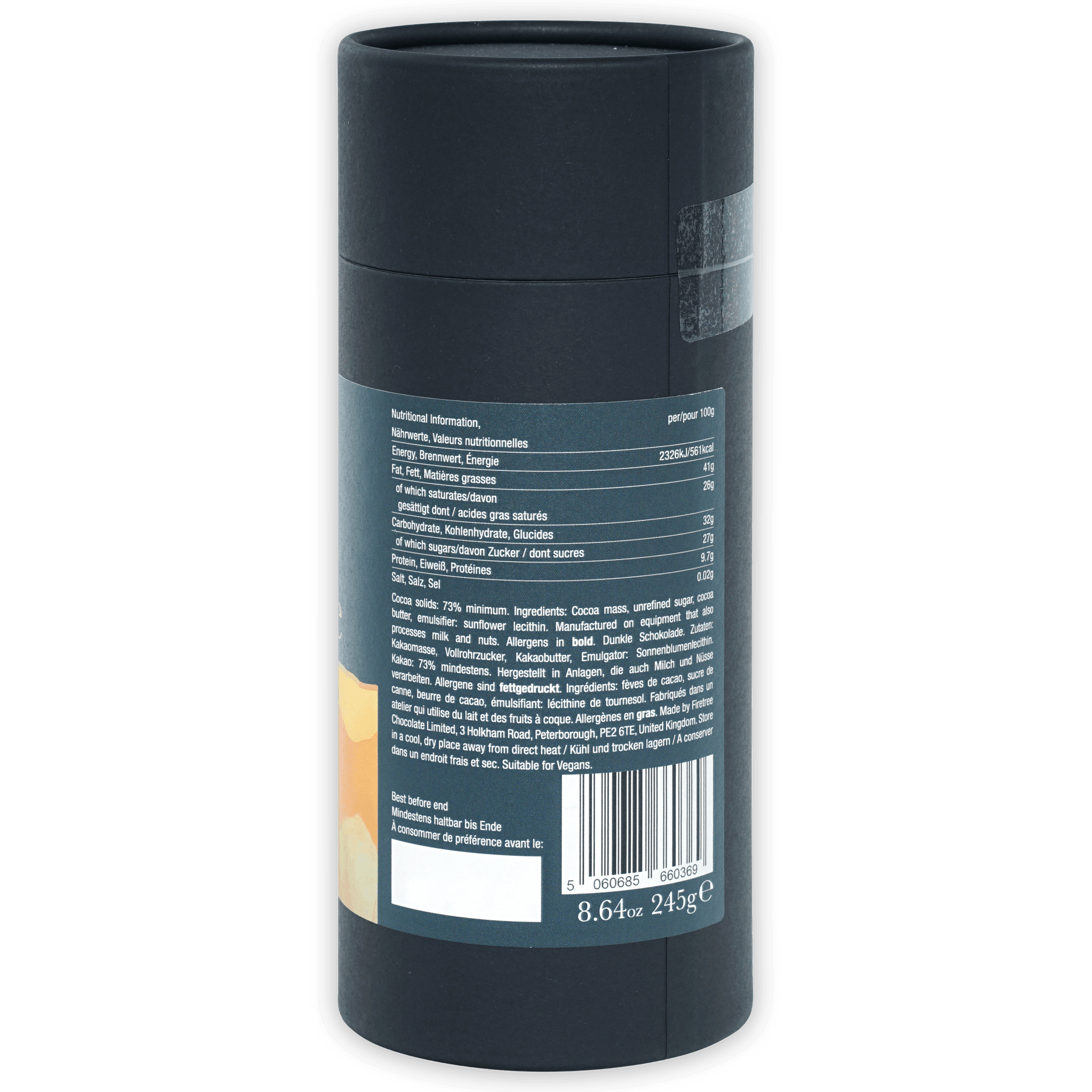 Back of Firetree Drinking Chocolate Philippines 73% dark gray matte deodorant stick with multilingual label