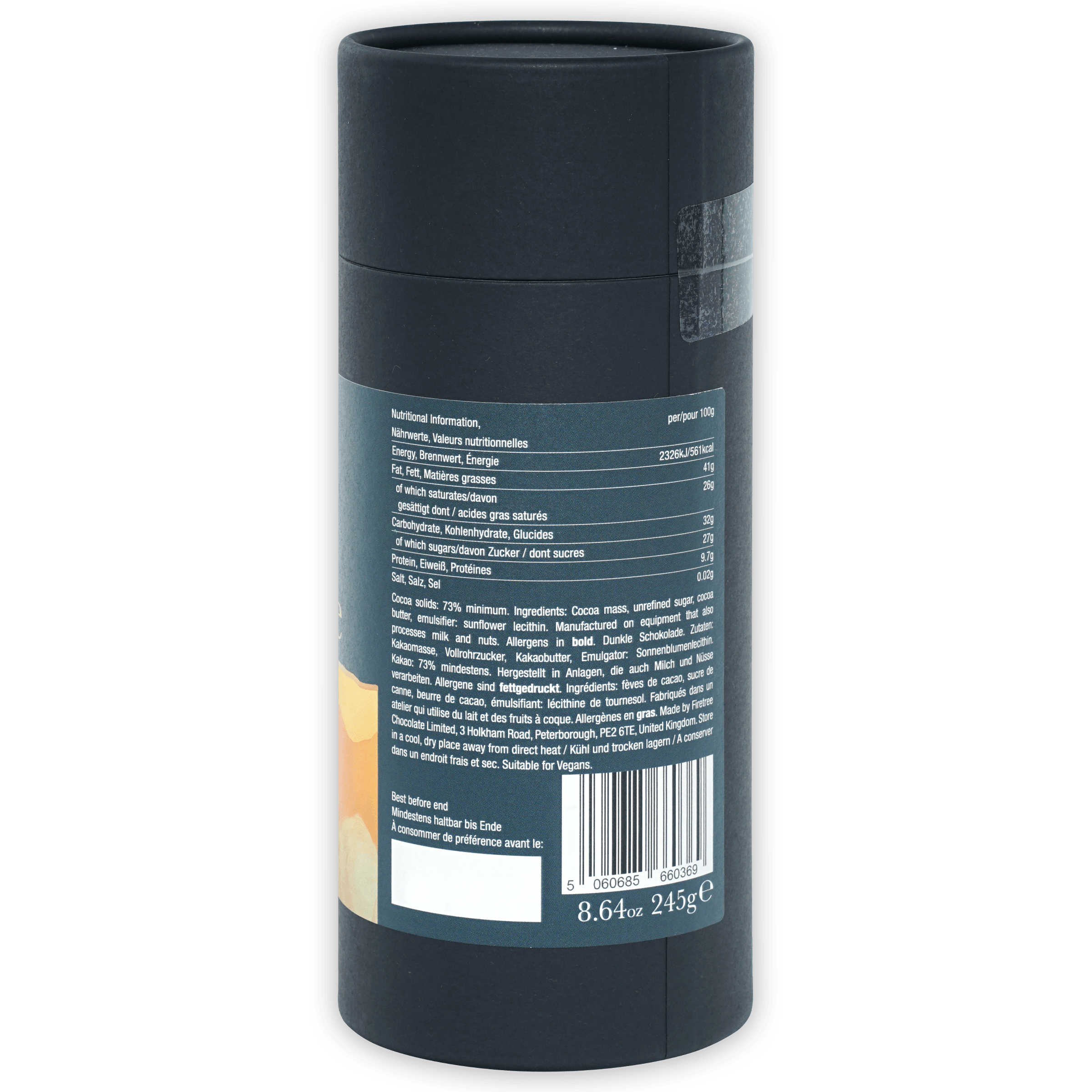 Back of Firetree Drinking Chocolate Philippines 73% dark gray matte deodorant stick with multilingual label