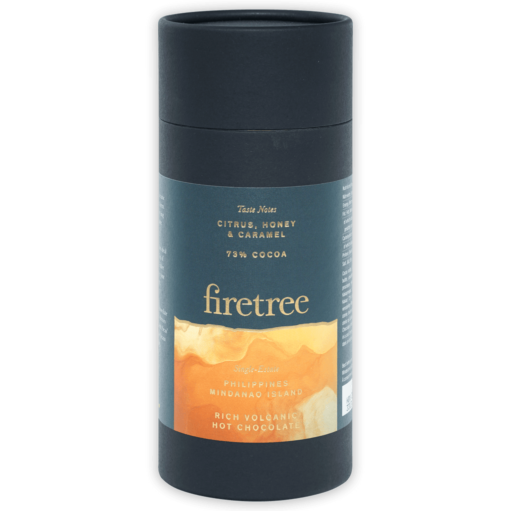 Firetree Philippines 73% volcanic hot chocolate in dark gray cylinder with teal orange label