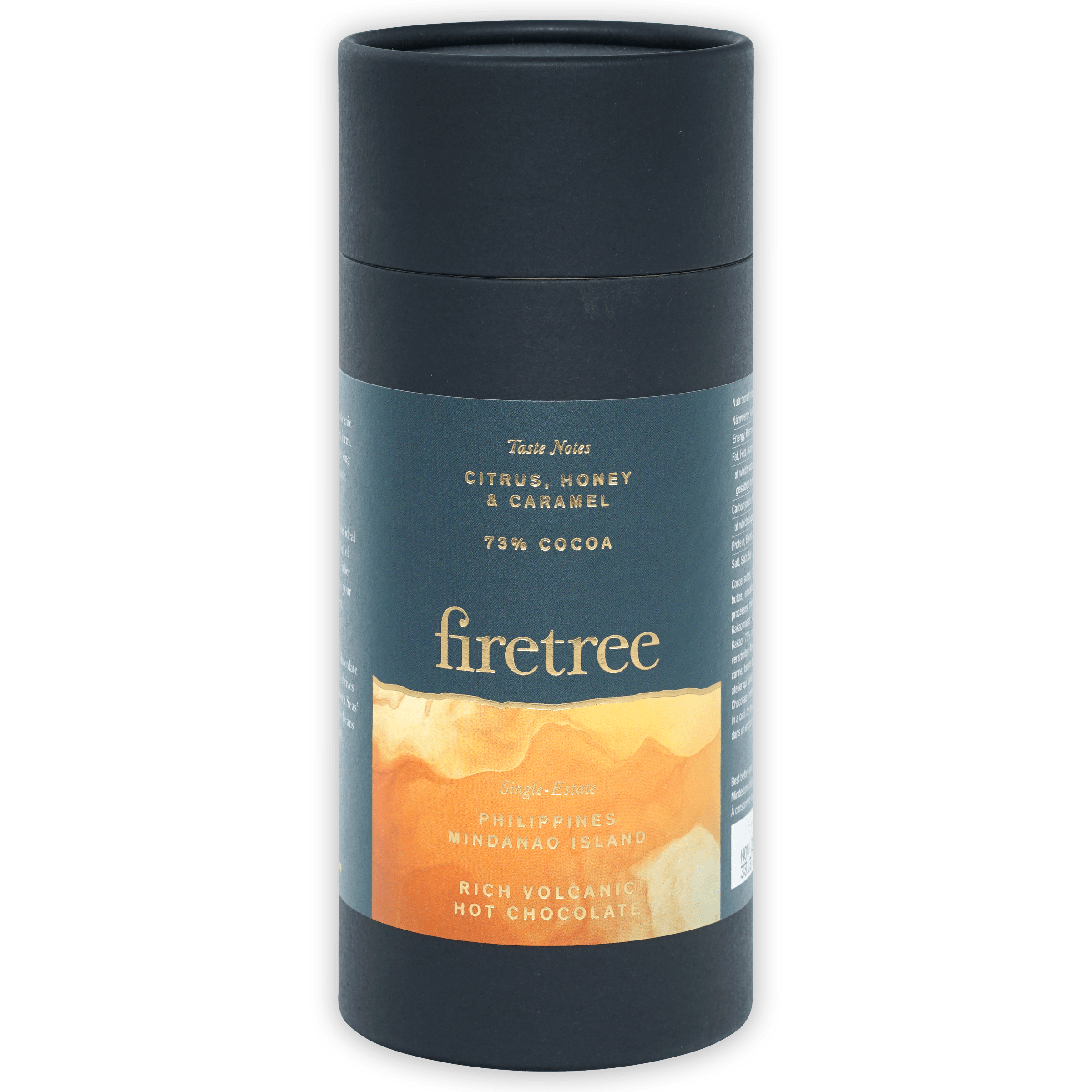 Firetree Philippines 73% volcanic hot chocolate in dark gray cylinder with teal orange label