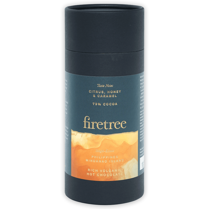 Firetree Philippines 73% volcanic hot chocolate in dark gray cylinder with teal orange label