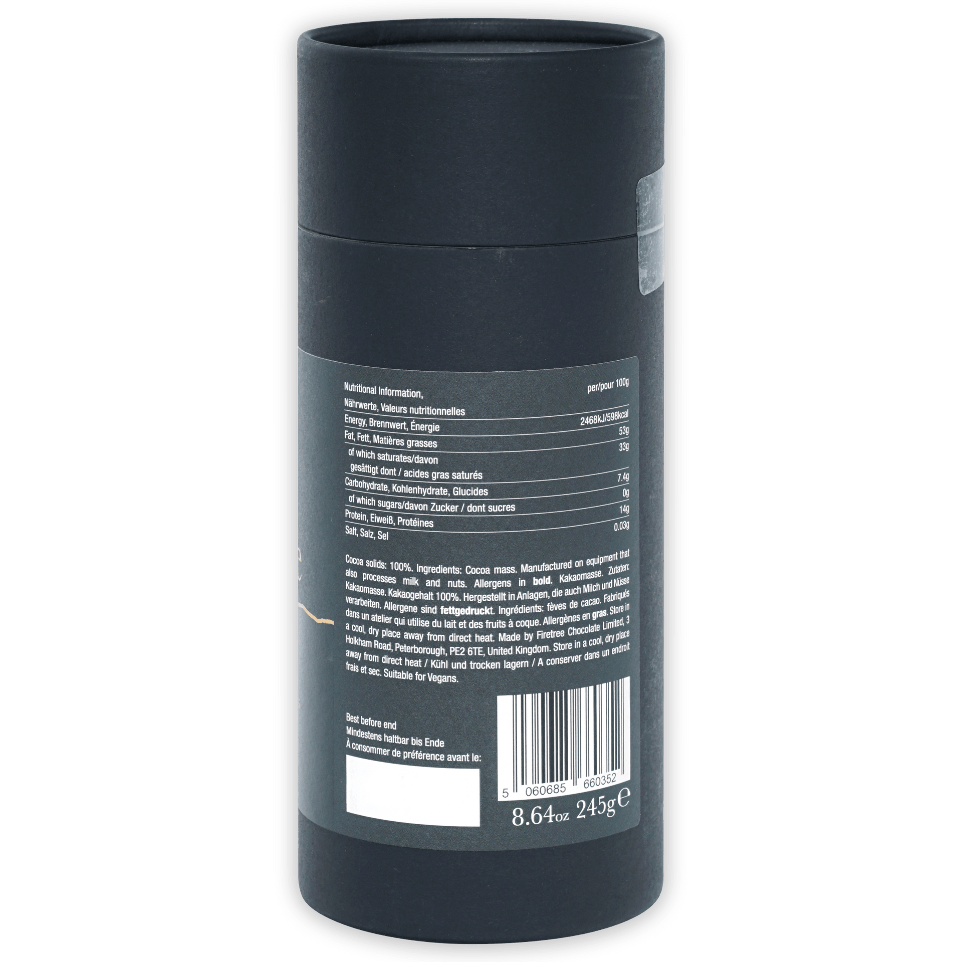 Firetree Solomon Islands 100% drinking chocolate in dark gray matte cylindrical container with nutritional label
