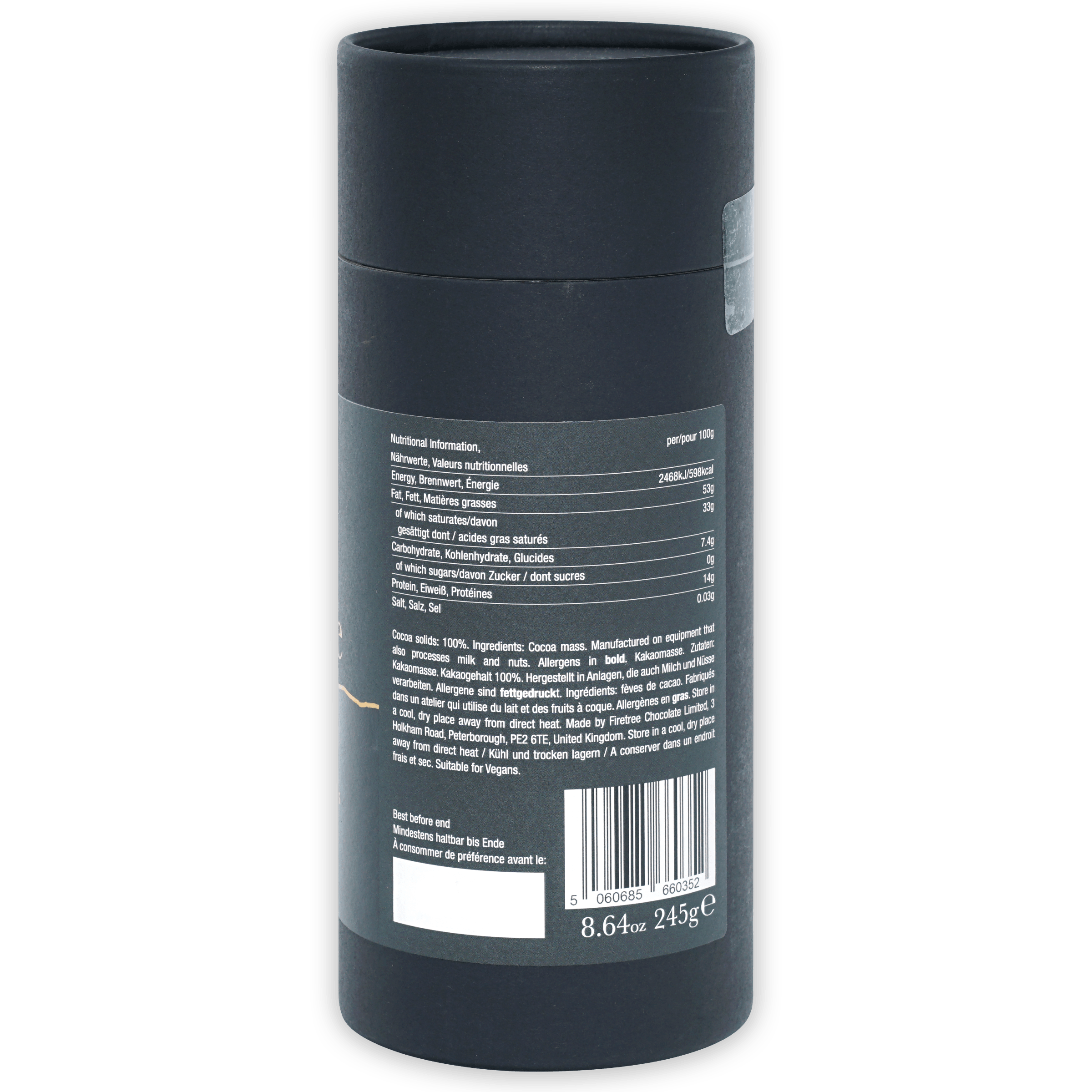Firetree Solomon Islands 100% drinking chocolate in dark gray matte cylindrical container with nutritional label