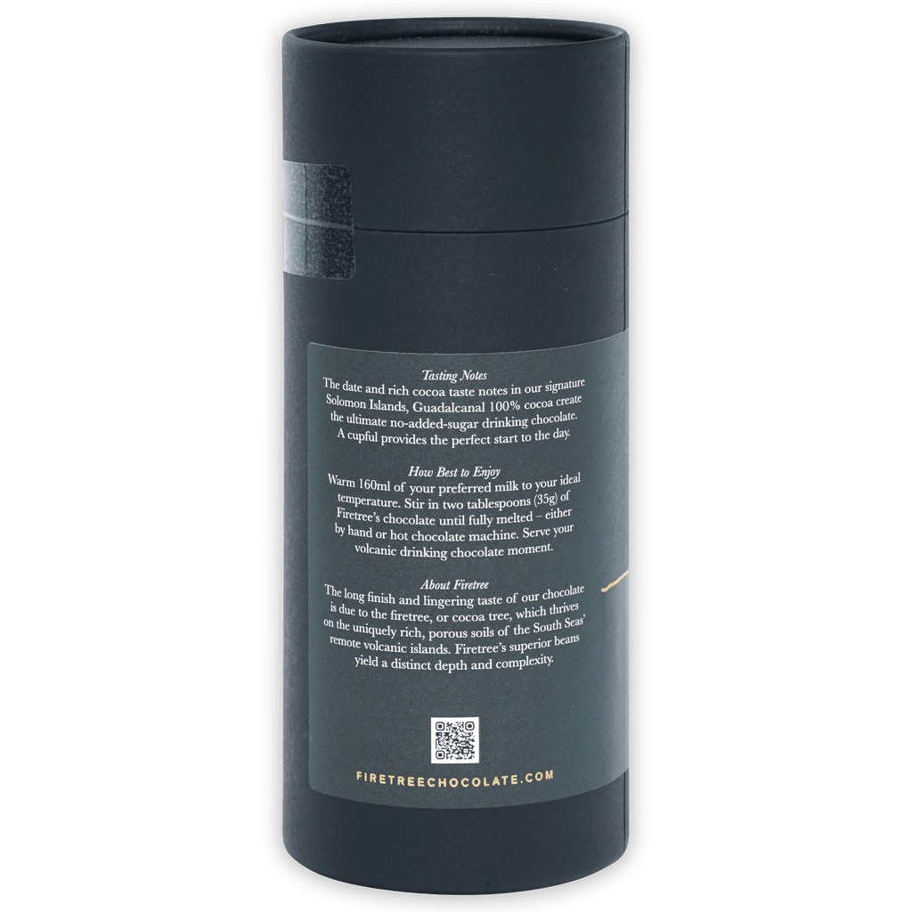 Dark gray matte cylindrical tube for Firetree Drinking Chocolate Solomon Islands 100% with back instructions