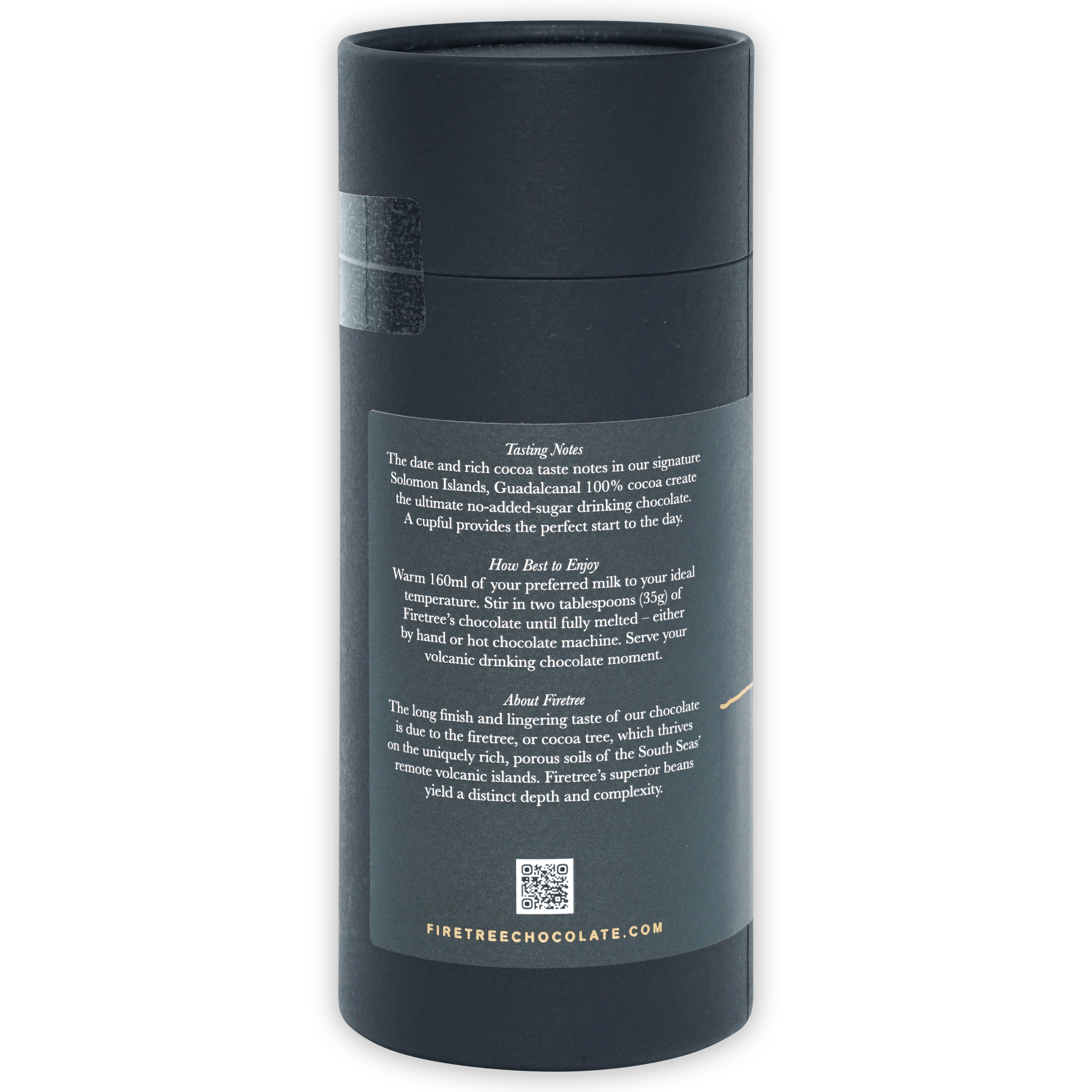 Dark gray matte cylindrical tube for Firetree Drinking Chocolate Solomon Islands 100% with back instructions