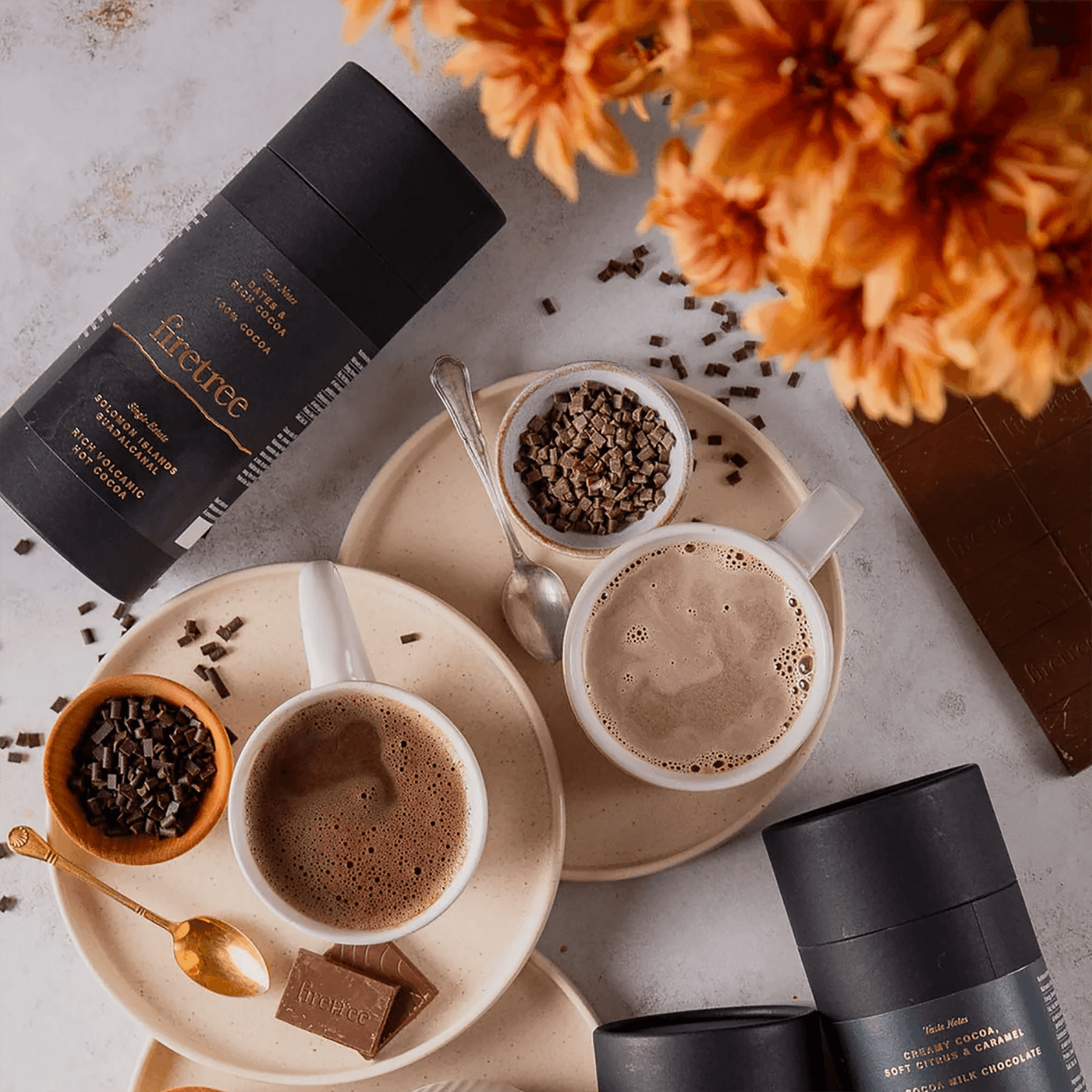 Firetree rich volcanic hot cocoa in black cylindrical container