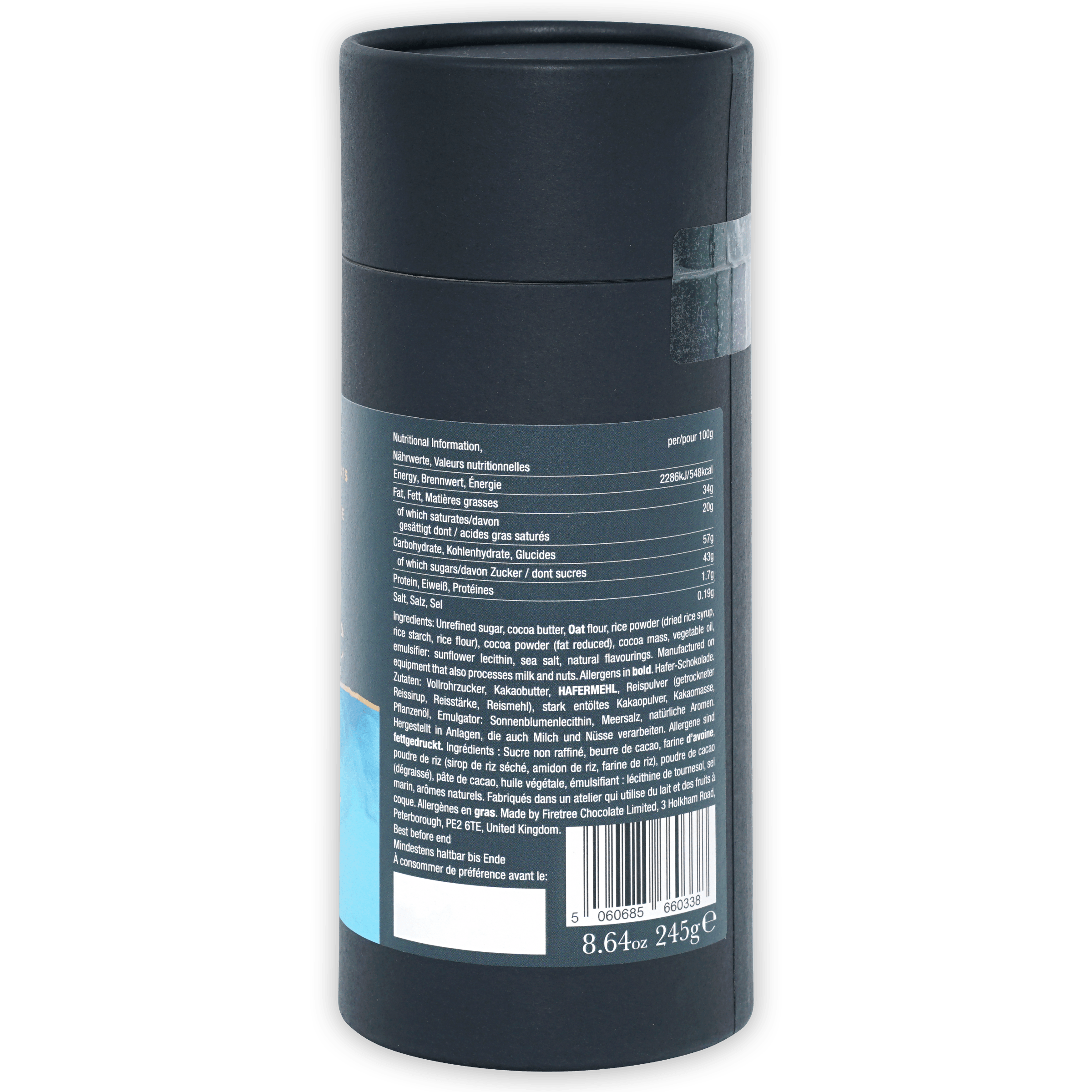 Back of Firetree vegan oat milk 55% drinking chocolate matte gray can