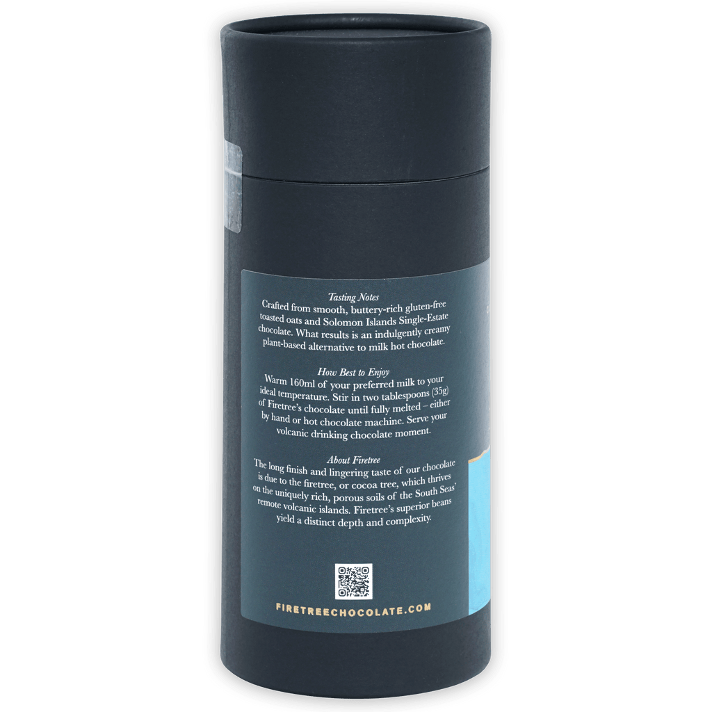 Firetree vegan oat milk 55% drinking chocolate dark gray matte can with QR label