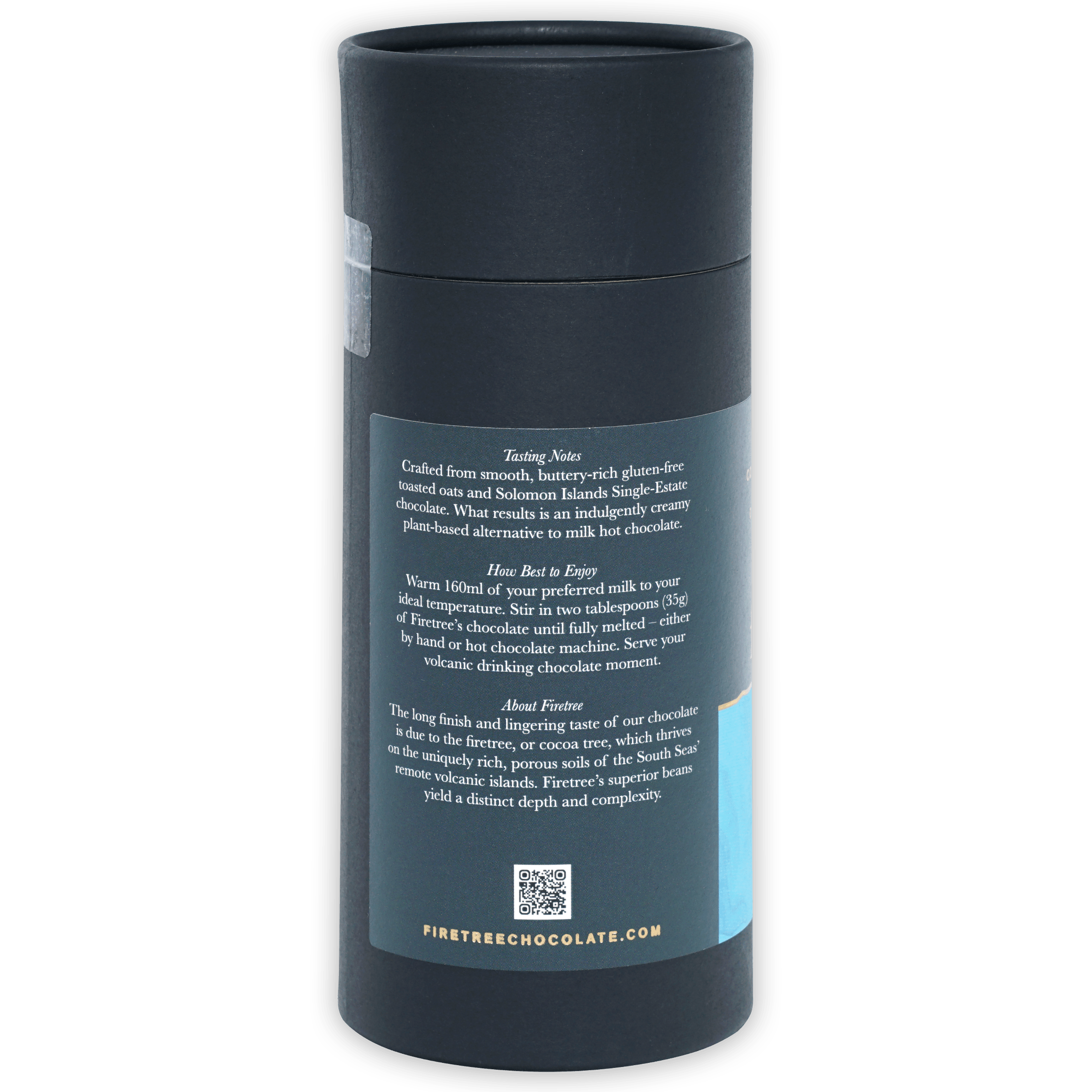 Firetree vegan oat milk 55% drinking chocolate dark gray matte can with QR label