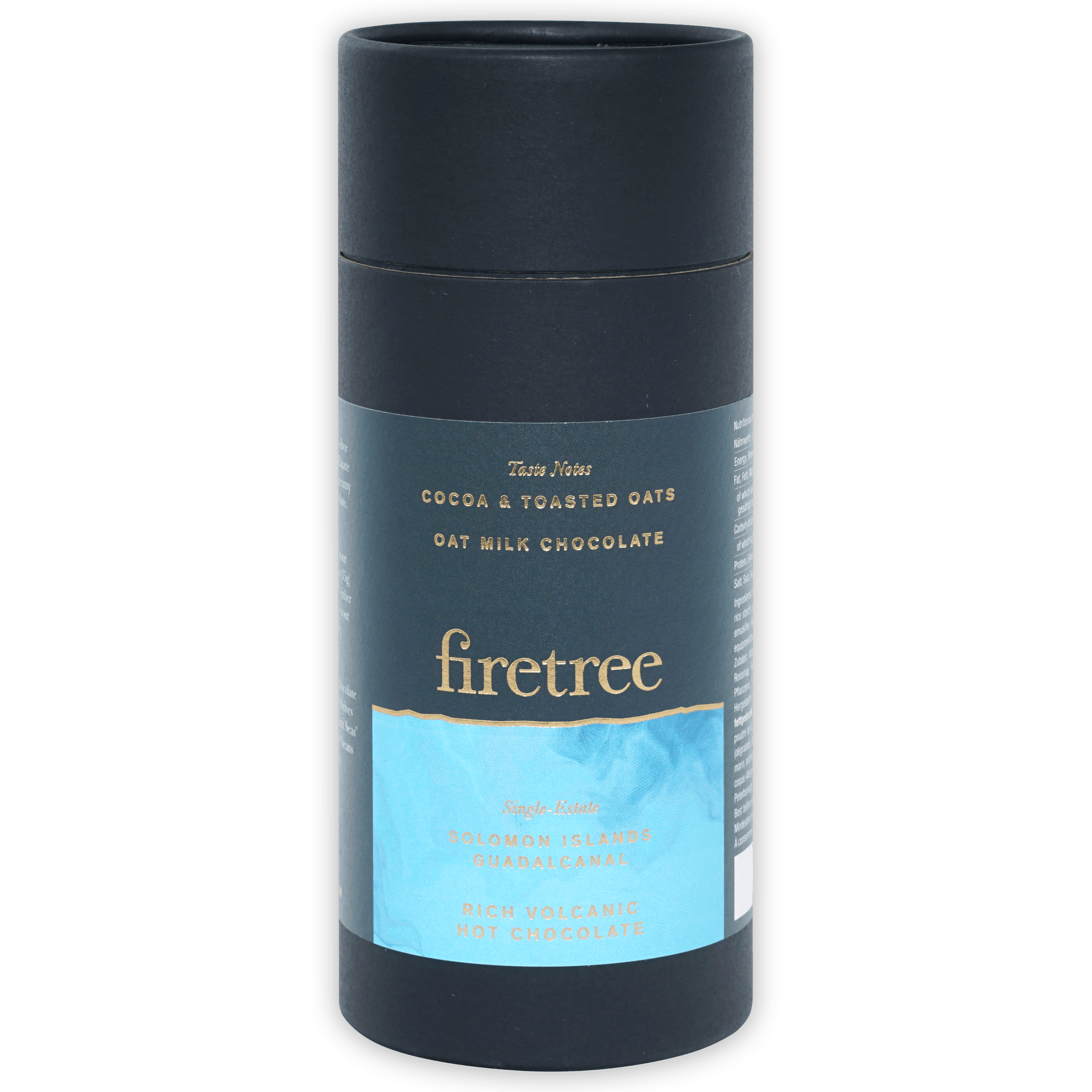 Firetree vegan oat milk 55% drinking chocolate in dark blue cylindrical container