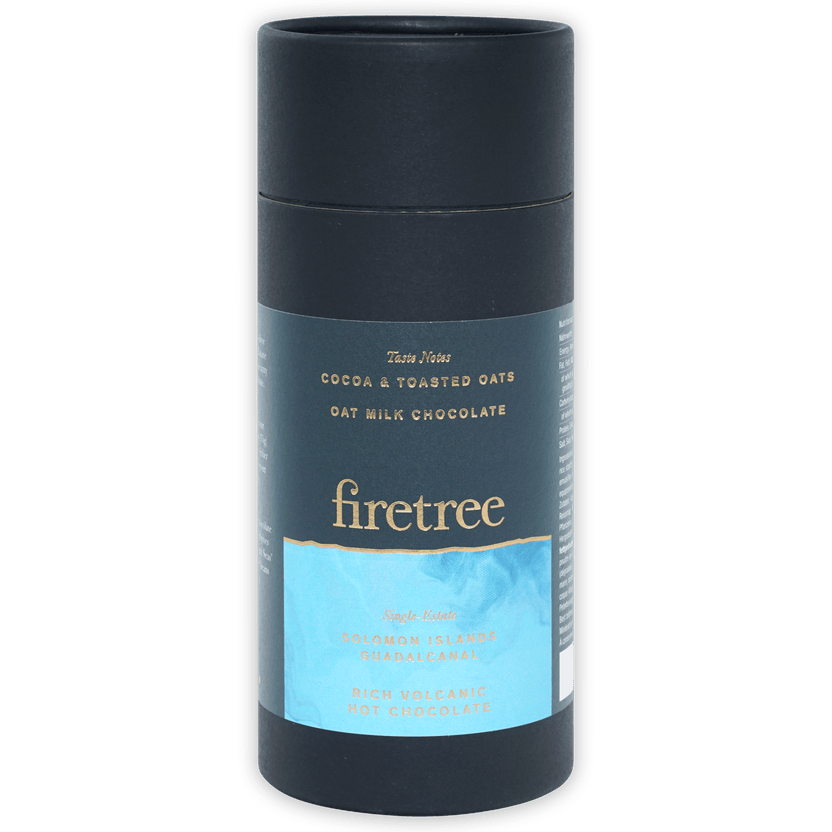 Firetree vegan oat milk 55% drinking chocolate in dark blue cylindrical container