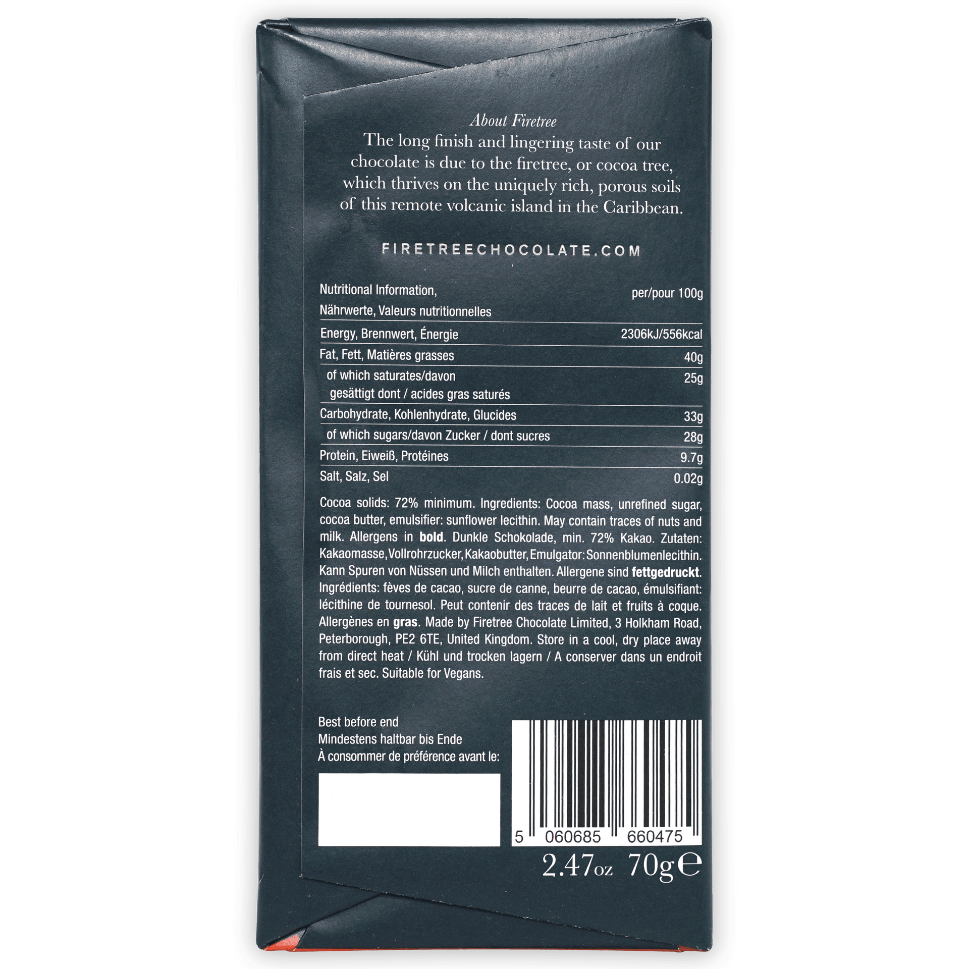Firetree Hispaniola 72% dark chocolate bar back with matte black wrapper