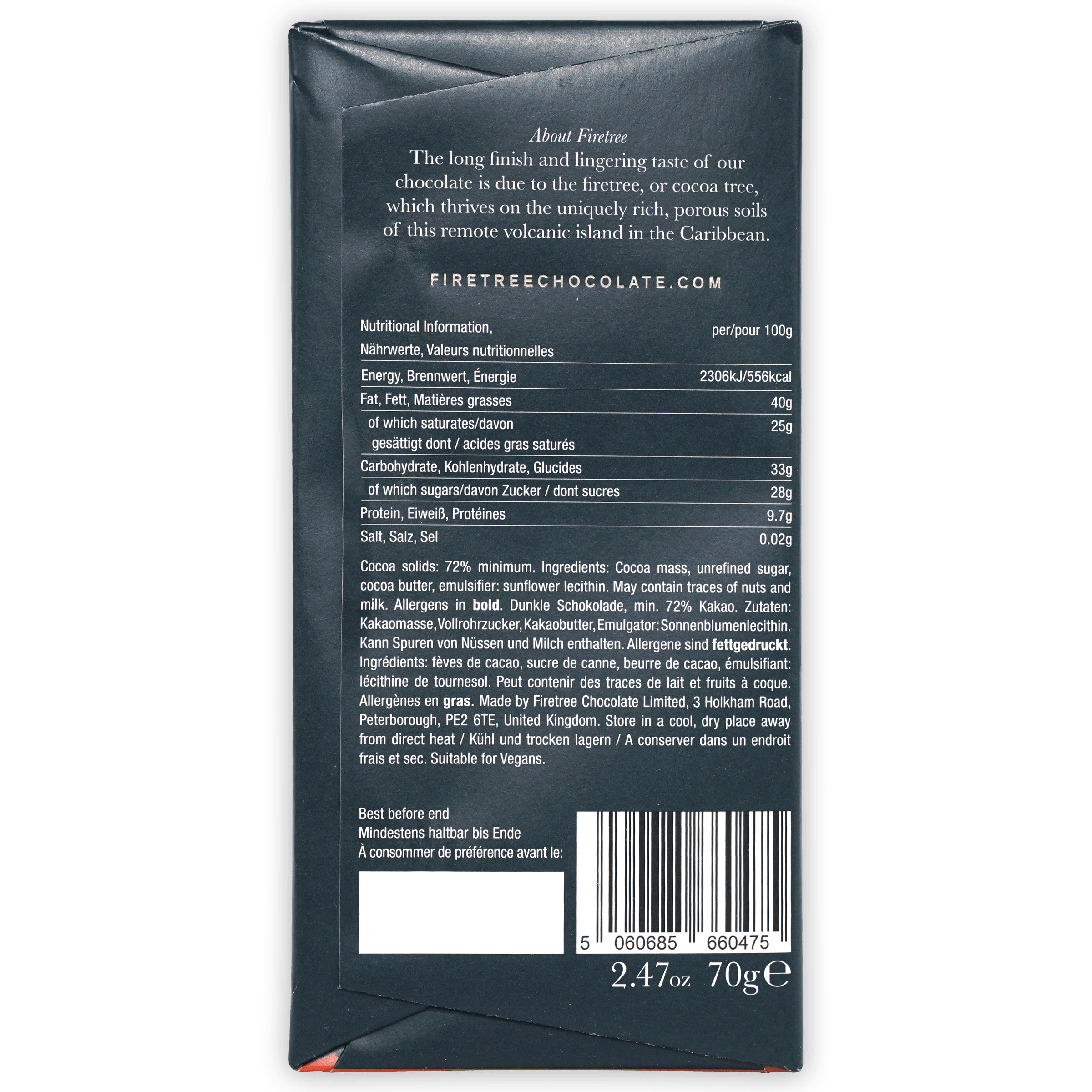 Firetree Hispaniola 72% dark chocolate bar back with matte black wrapper