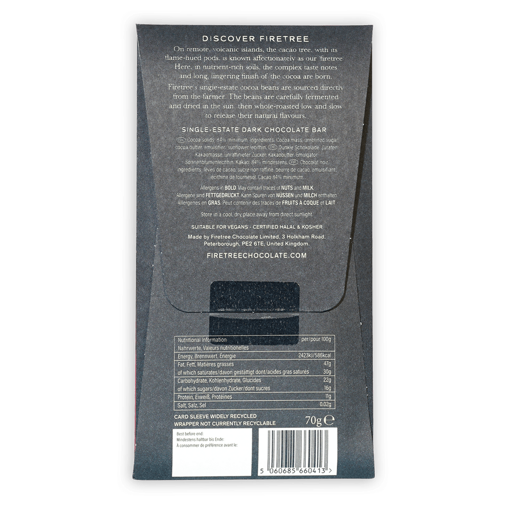 Firetree Madagascar Sambirano Valley 84% dark chocolate bar in matte black wrapper