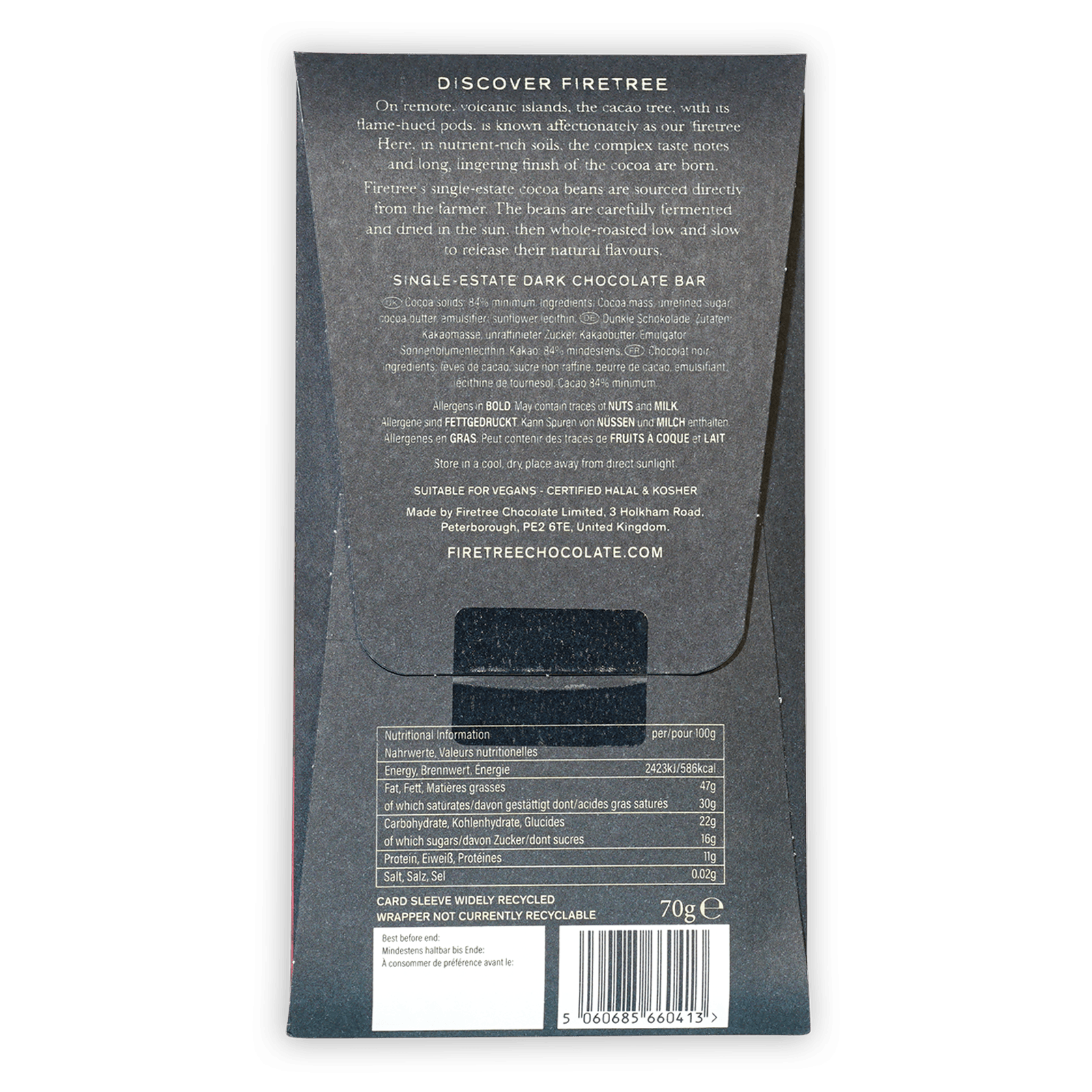 Firetree Madagascar Sambirano Valley 84% dark chocolate bar in matte black wrapper