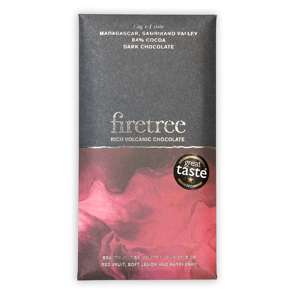 Firetree Madagascar Sambirano Valley 84% dark chocolate bar in pink gradient wrapper