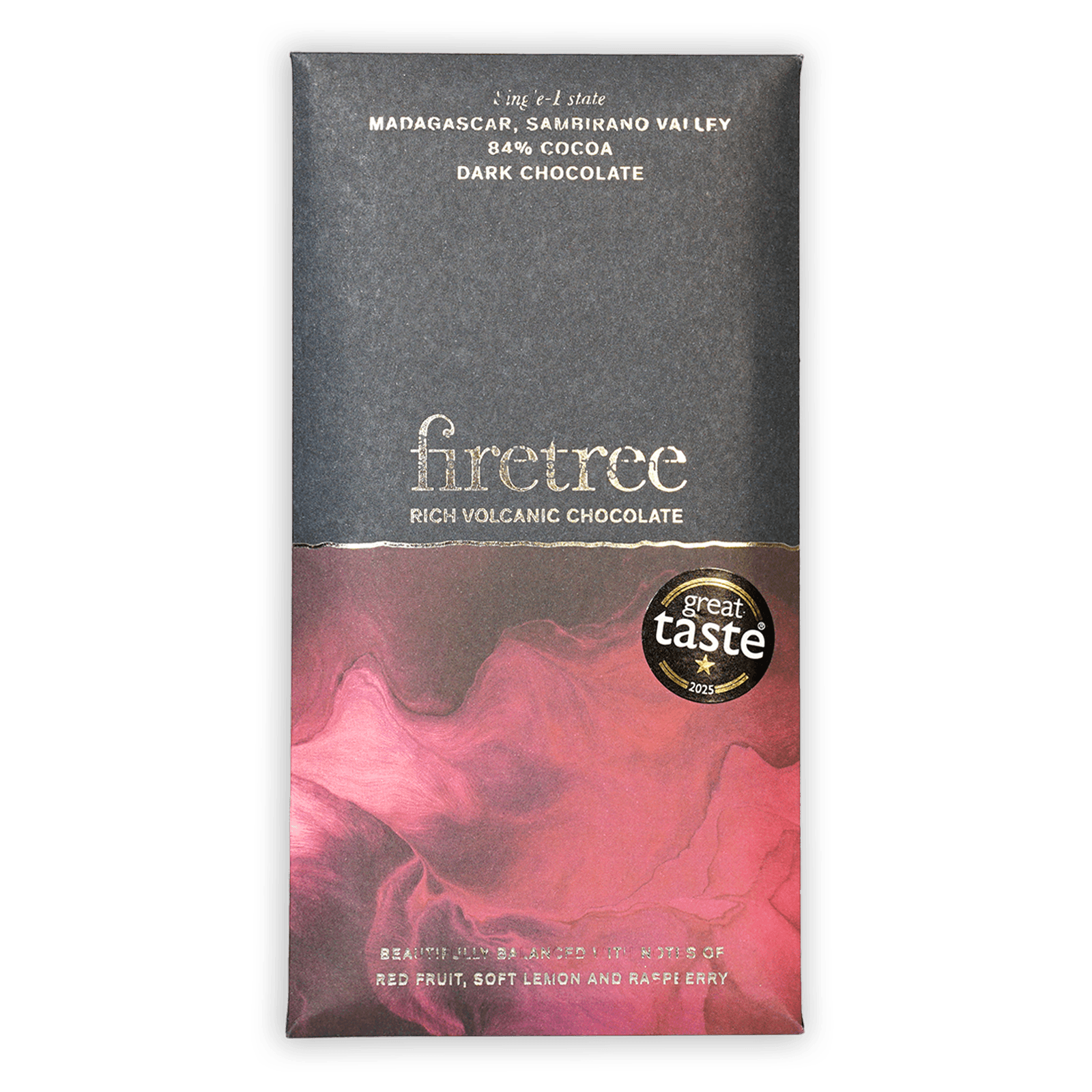 Firetree Madagascar Sambirano Valley 84% dark chocolate bar in pink gradient wrapper
