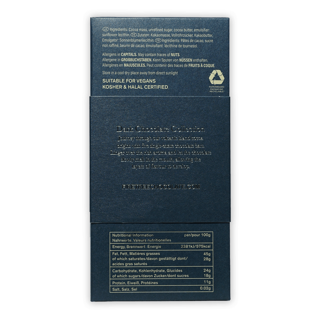 Firetree Mik & Dark Chocolate back wrapper, dark blue matte with embossed text
