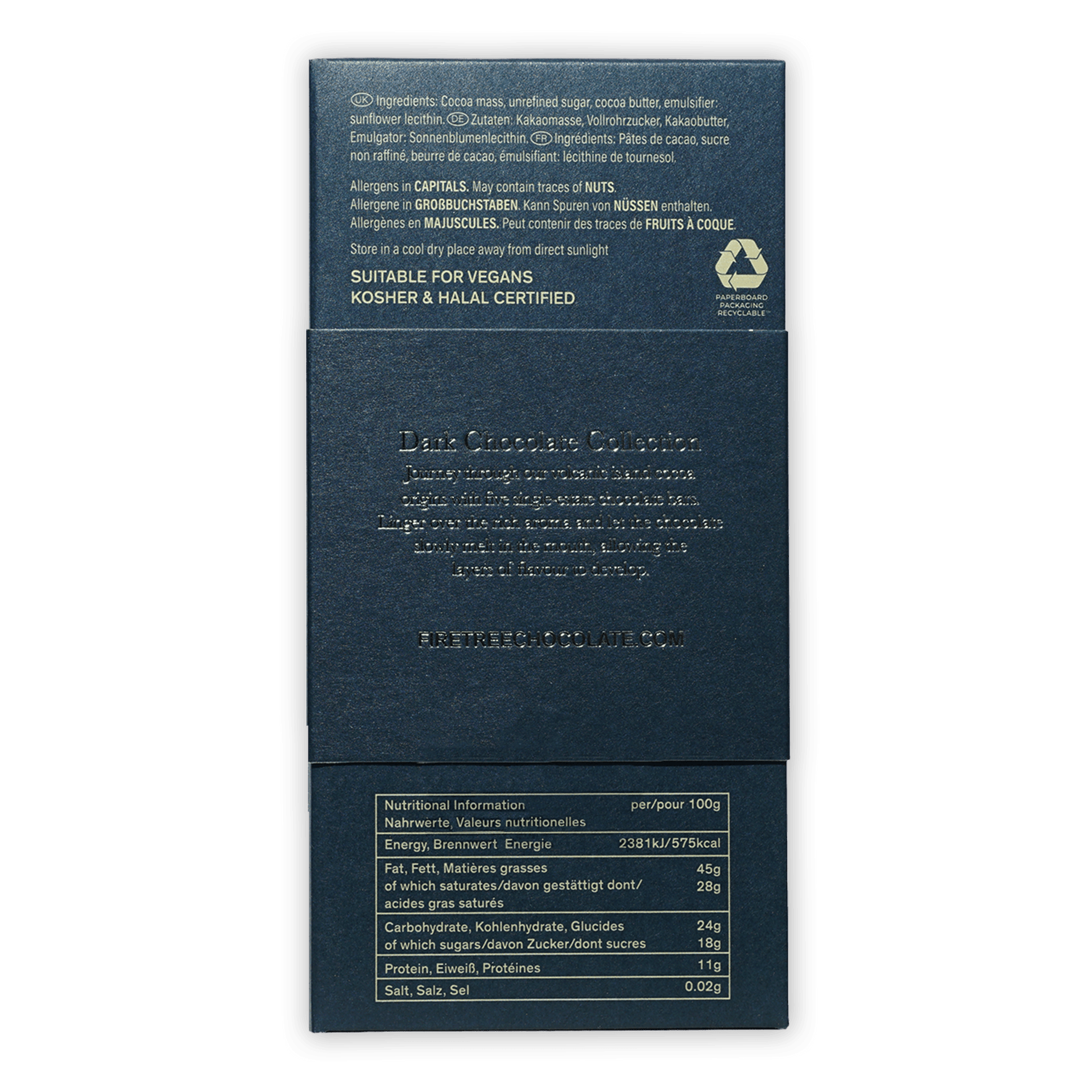 Firetree Mik & Dark Chocolate back wrapper, dark blue matte with embossed text