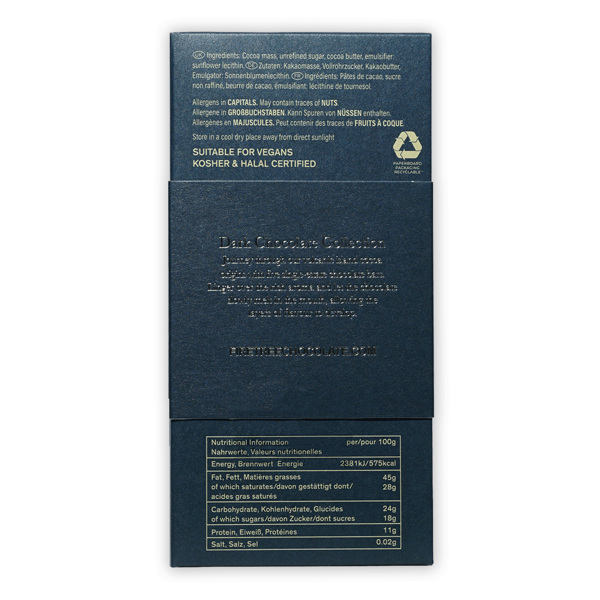Firetree Mik & Dark Chocolate back wrapper, dark blue matte with embossed text