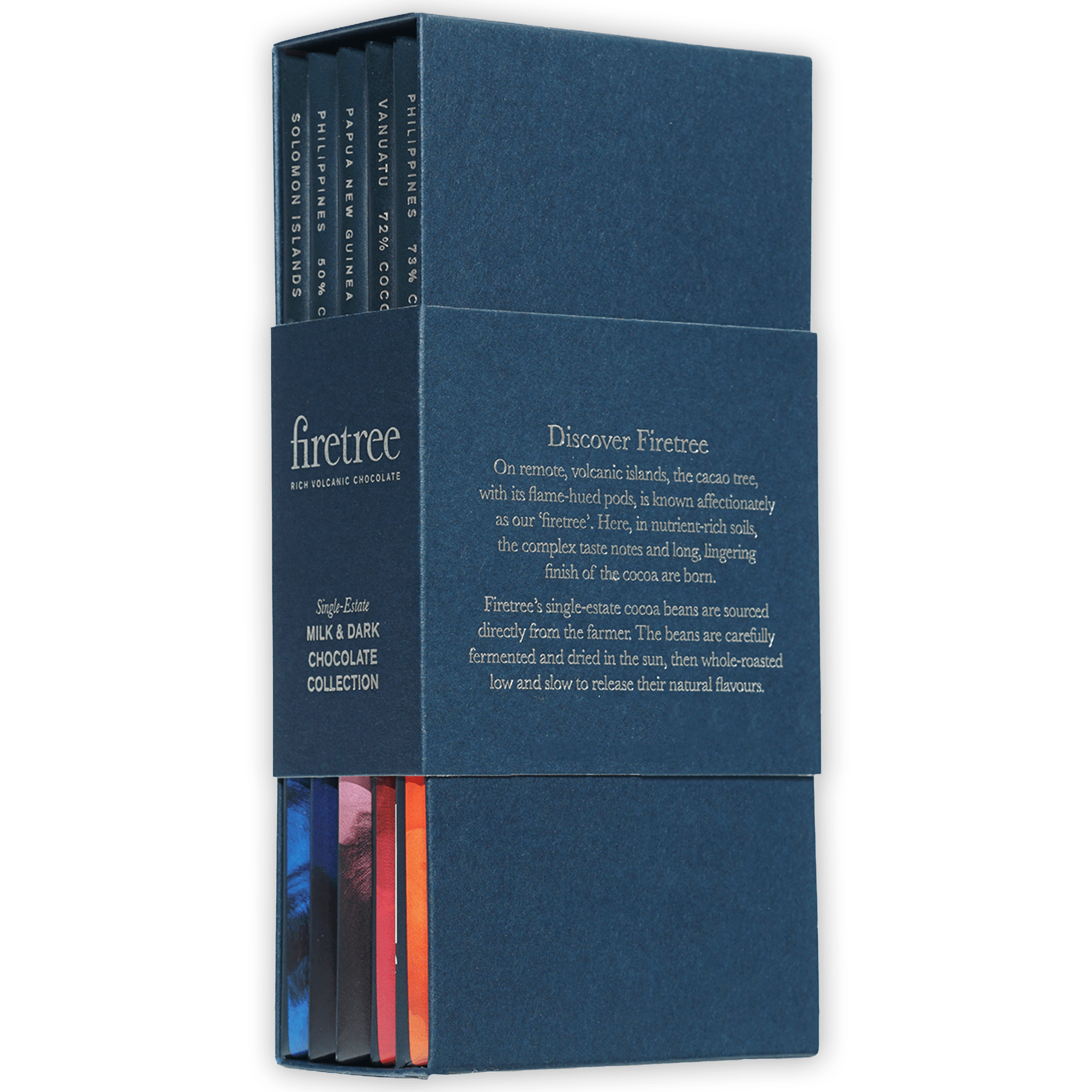 Firetree milk & dark chocolate gift collection box with deep blue firetree design and colorful striped labels