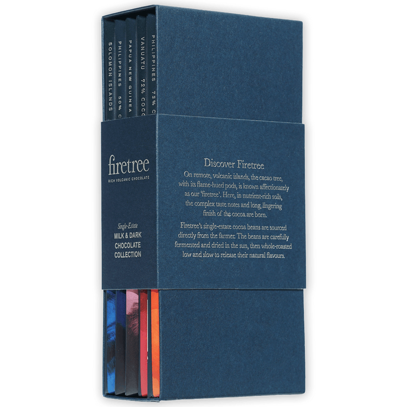 Firetree milk & dark chocolate gift collection box with deep blue firetree design and colorful striped labels