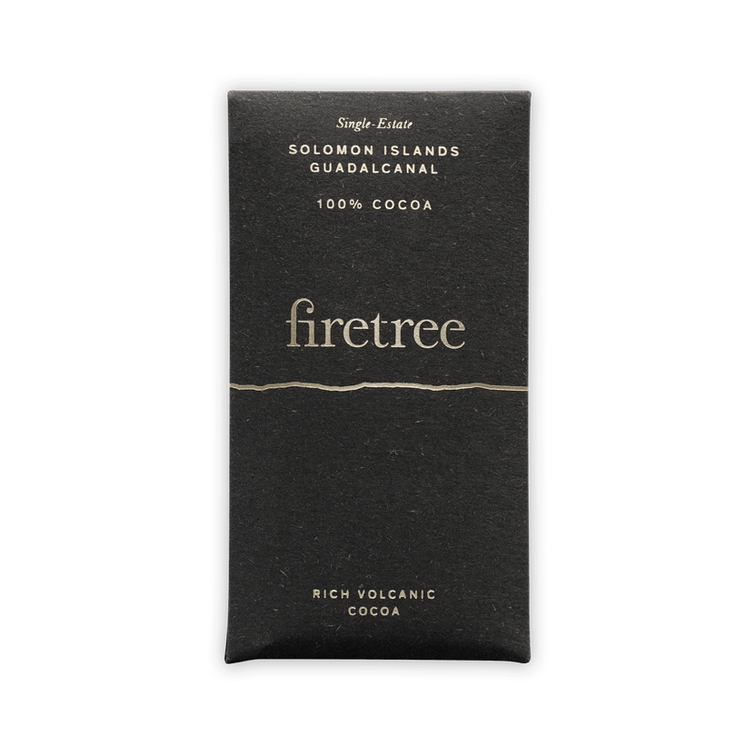 Firetree Guadalcanal 100% mini chocolate bar wrapper with silver lettering
