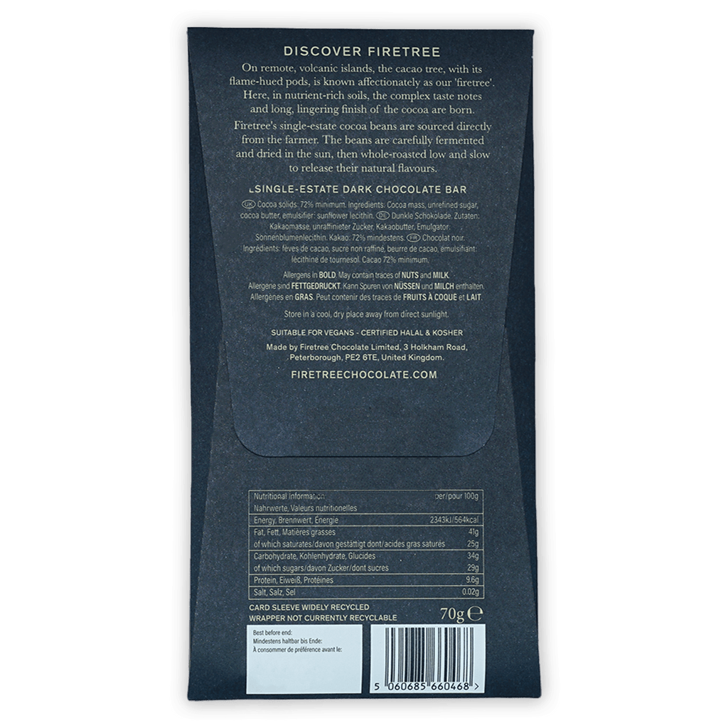 Firetree Papua New Guinea Karkar 72% dark chocolate bar in matte black wrapper