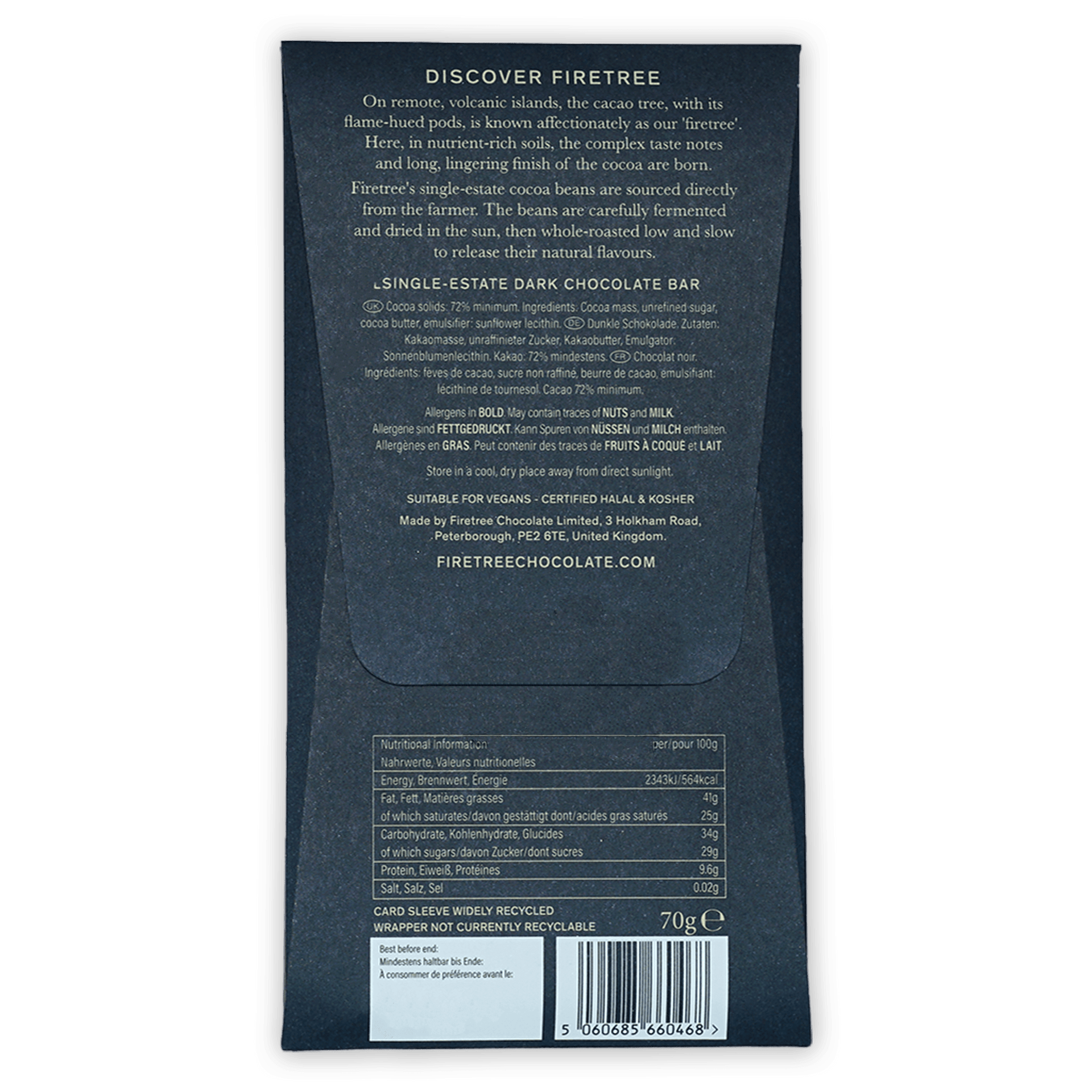 Firetree Papua New Guinea Karkar 72% dark chocolate bar in matte black wrapper