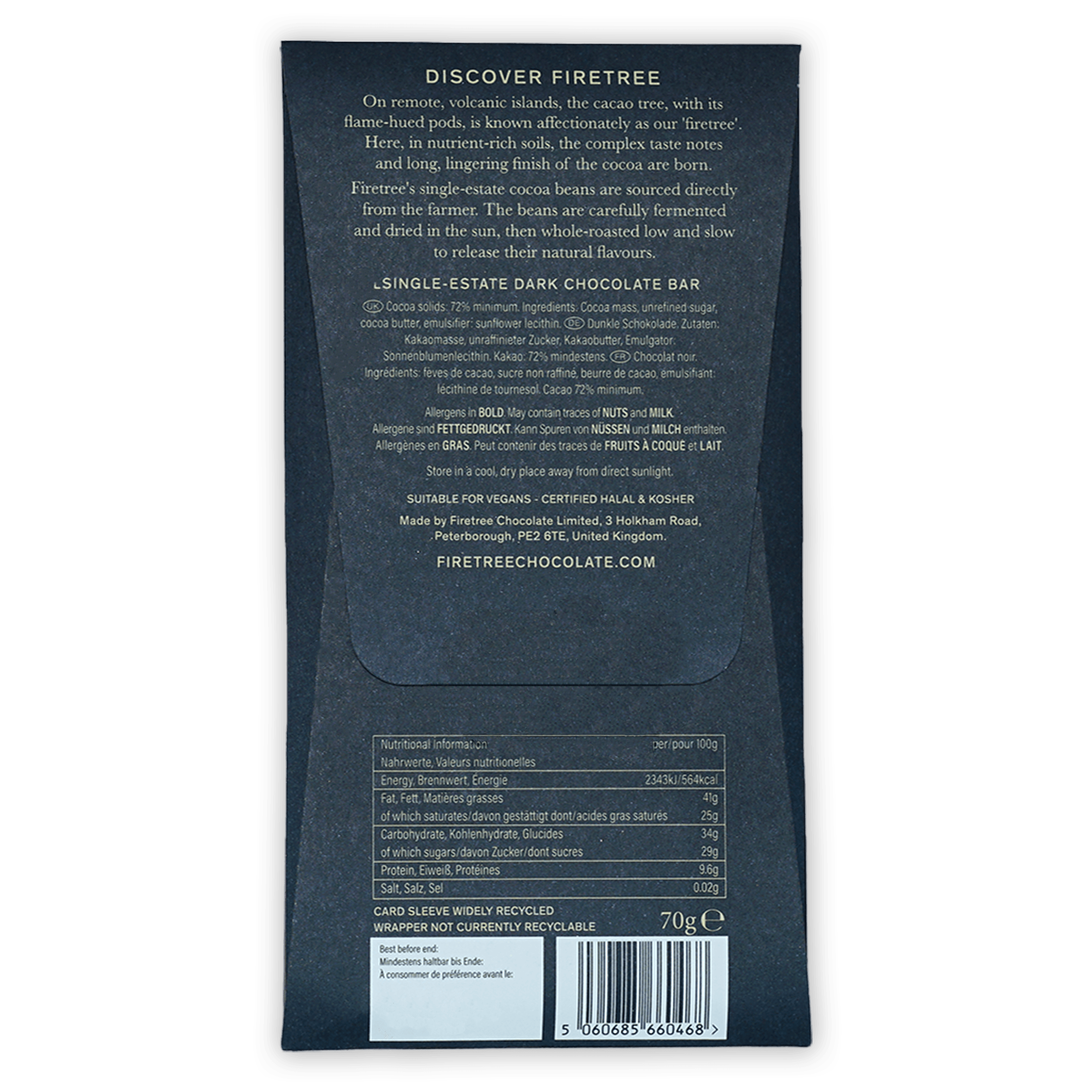 Firetree Papua New Guinea Karkar 72% dark chocolate bar in matte black wrapper