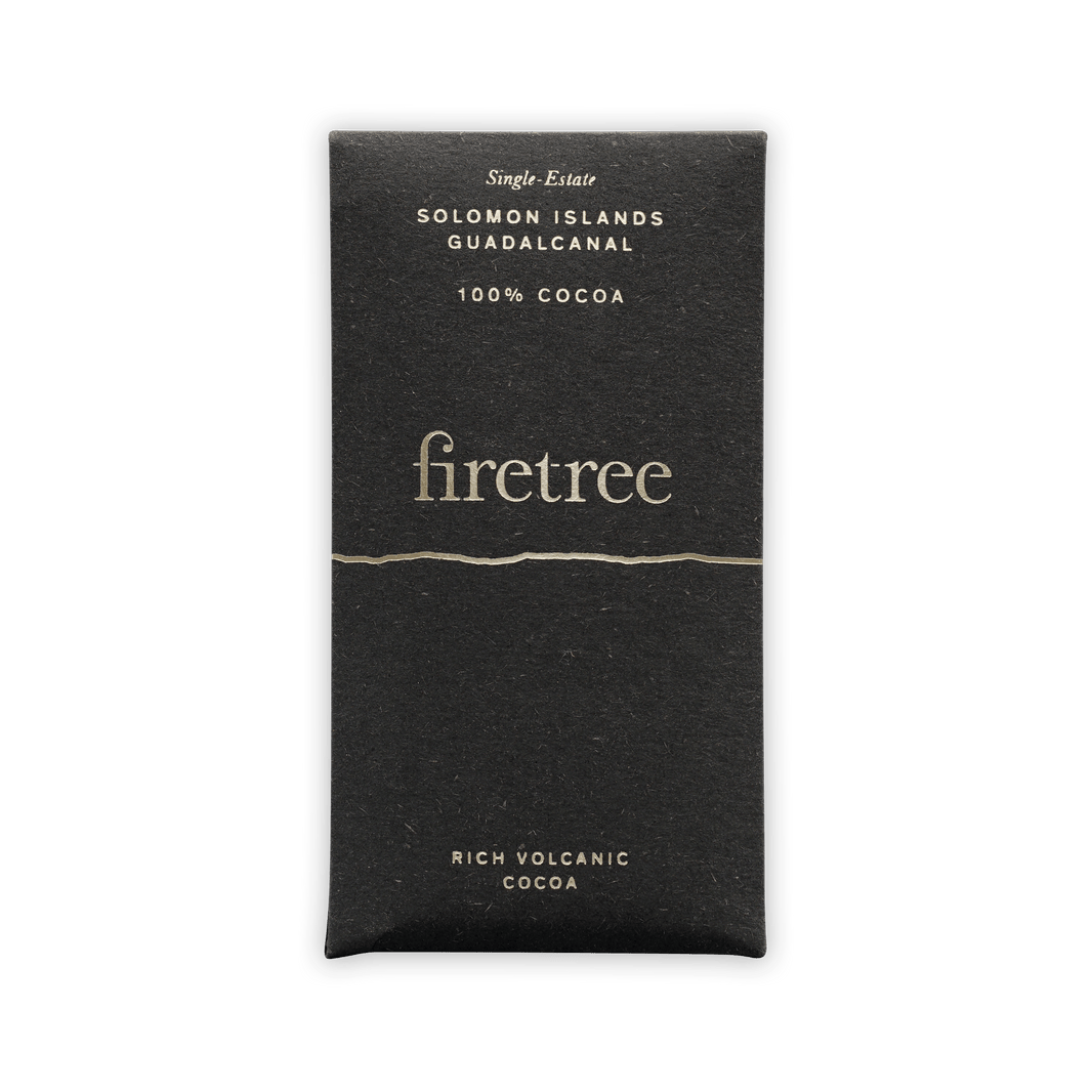 Firetree Guadalcanal 100% mini chocolate bar wrapper with silver lettering
