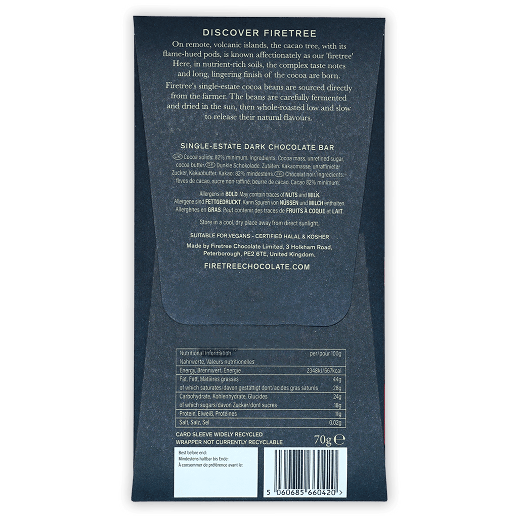 Firetree Solomon Island Guadalcanal 82% dark chocolate bar back with origin and nutrition info