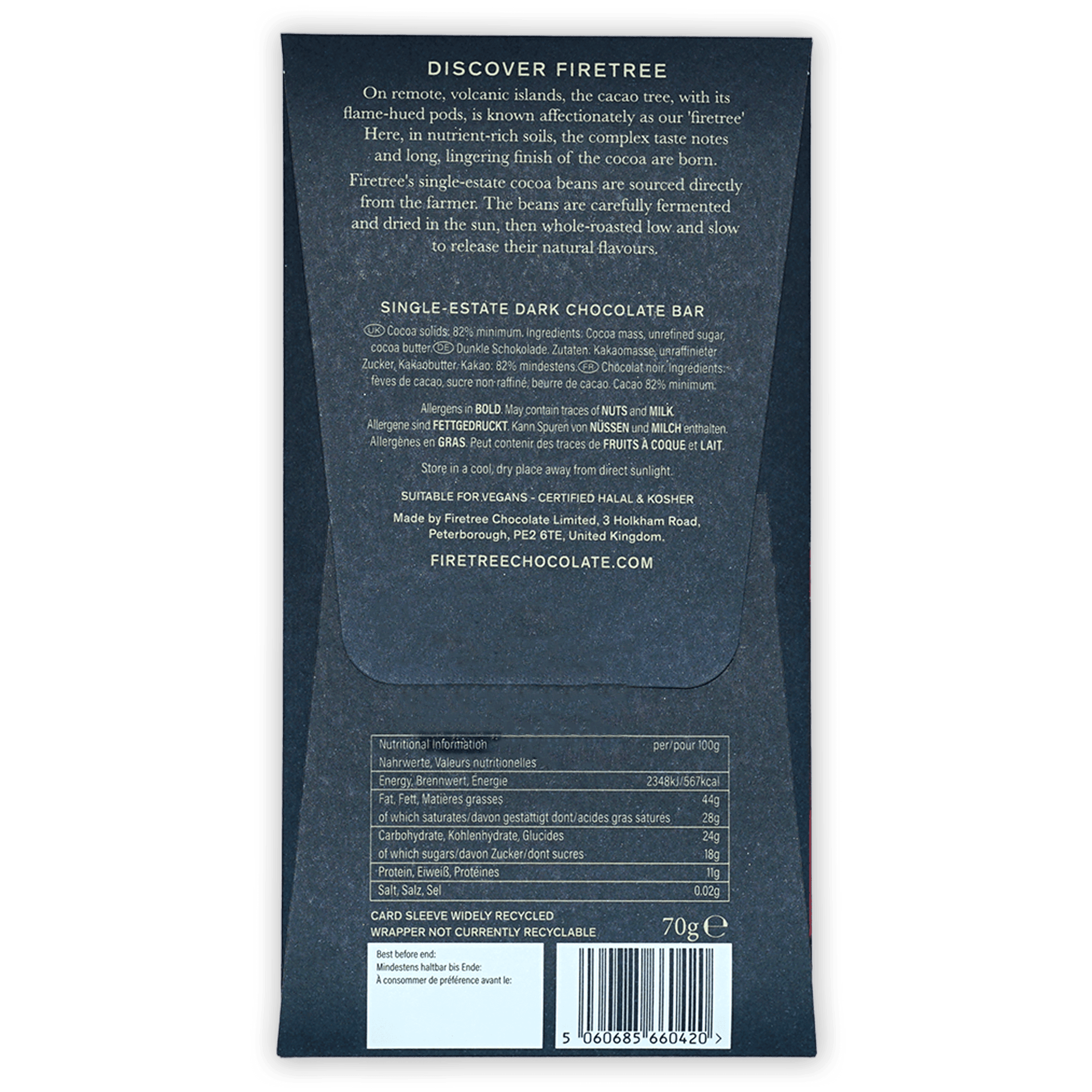 Firetree Solomon Island Guadalcanal 82% dark chocolate bar back with origin and nutrition info