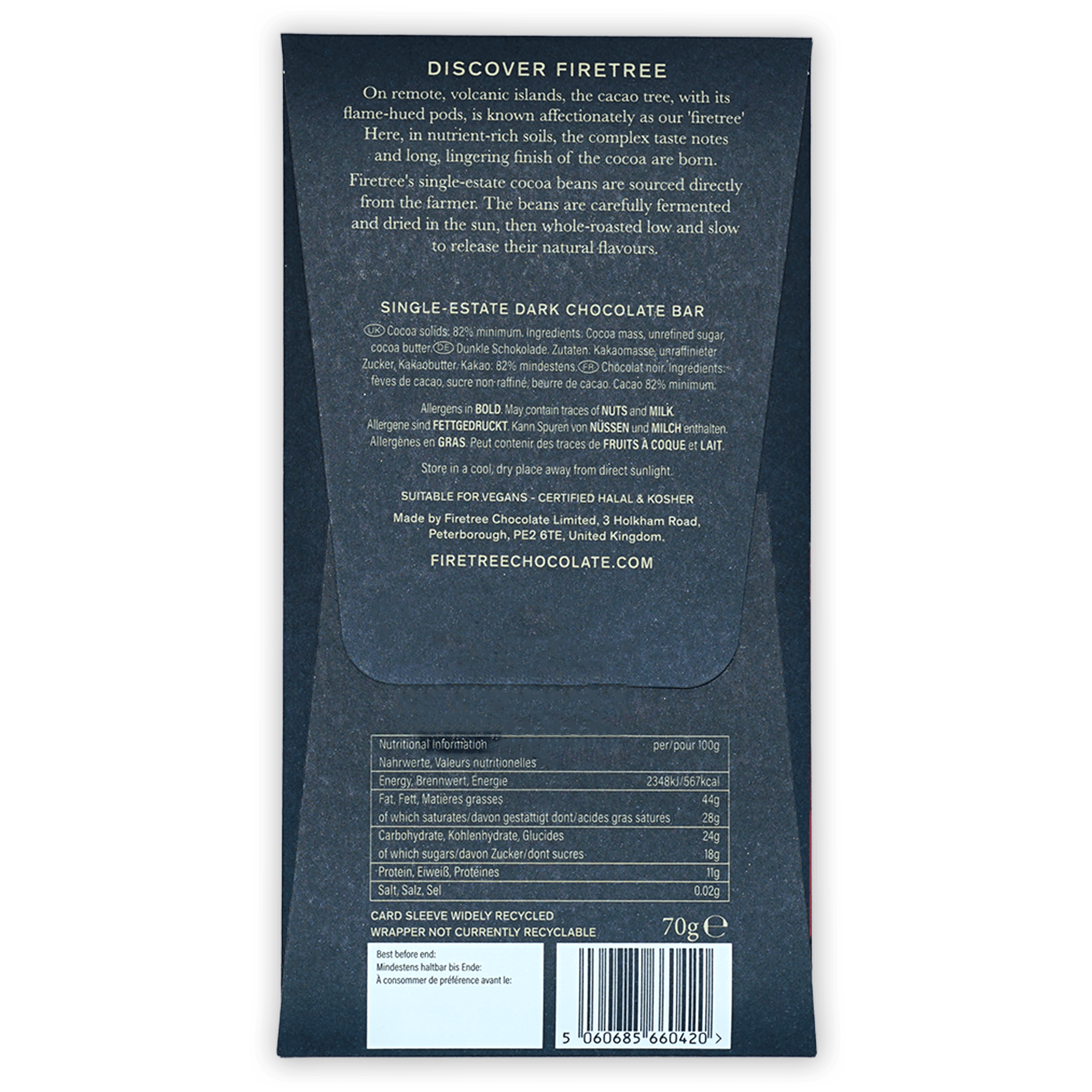 Firetree Solomon Island Guadalcanal 82% dark chocolate bar back with origin and nutrition info