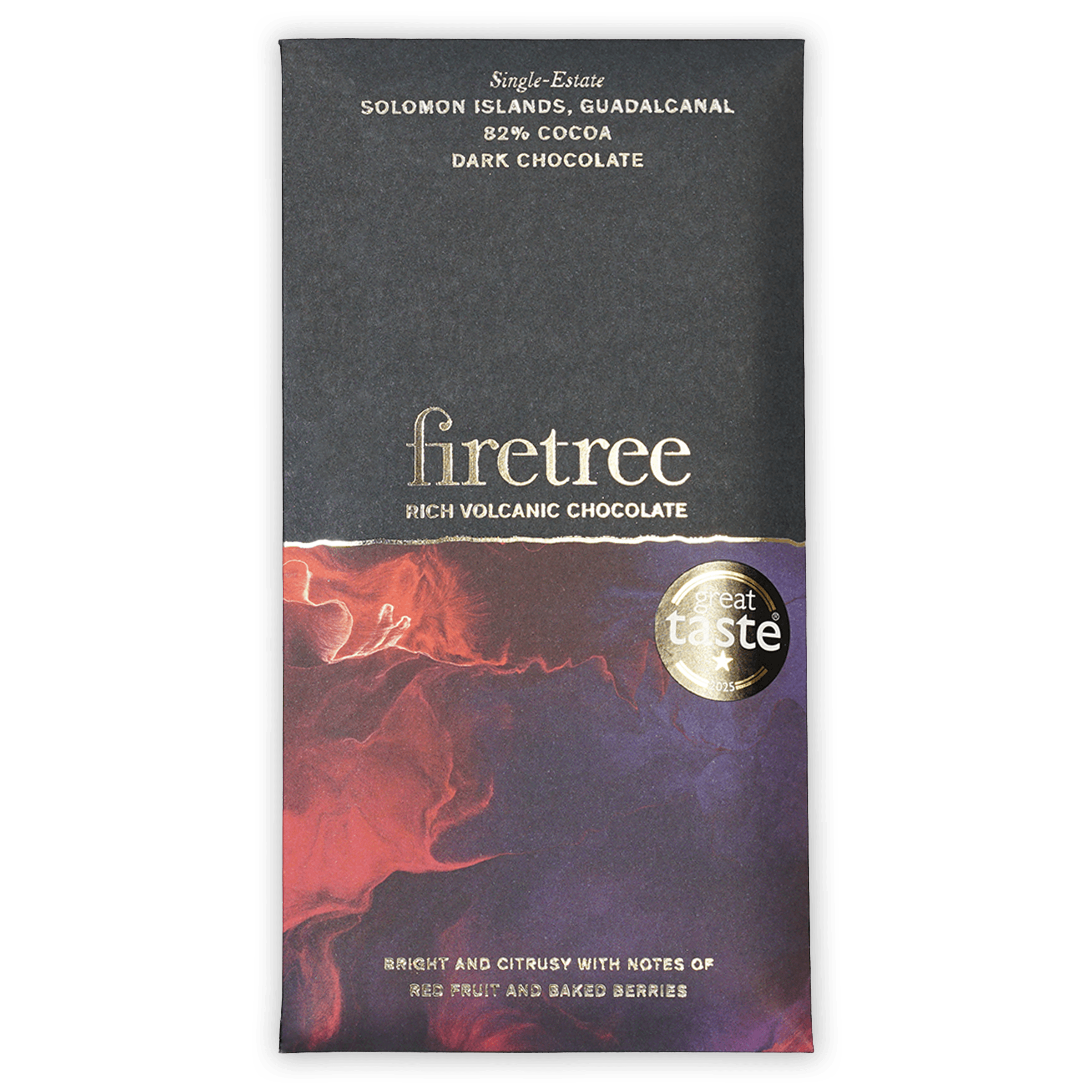 Firetree Solomon Island Guadalcanal 82% dark chocolate bar with red-orange swirl